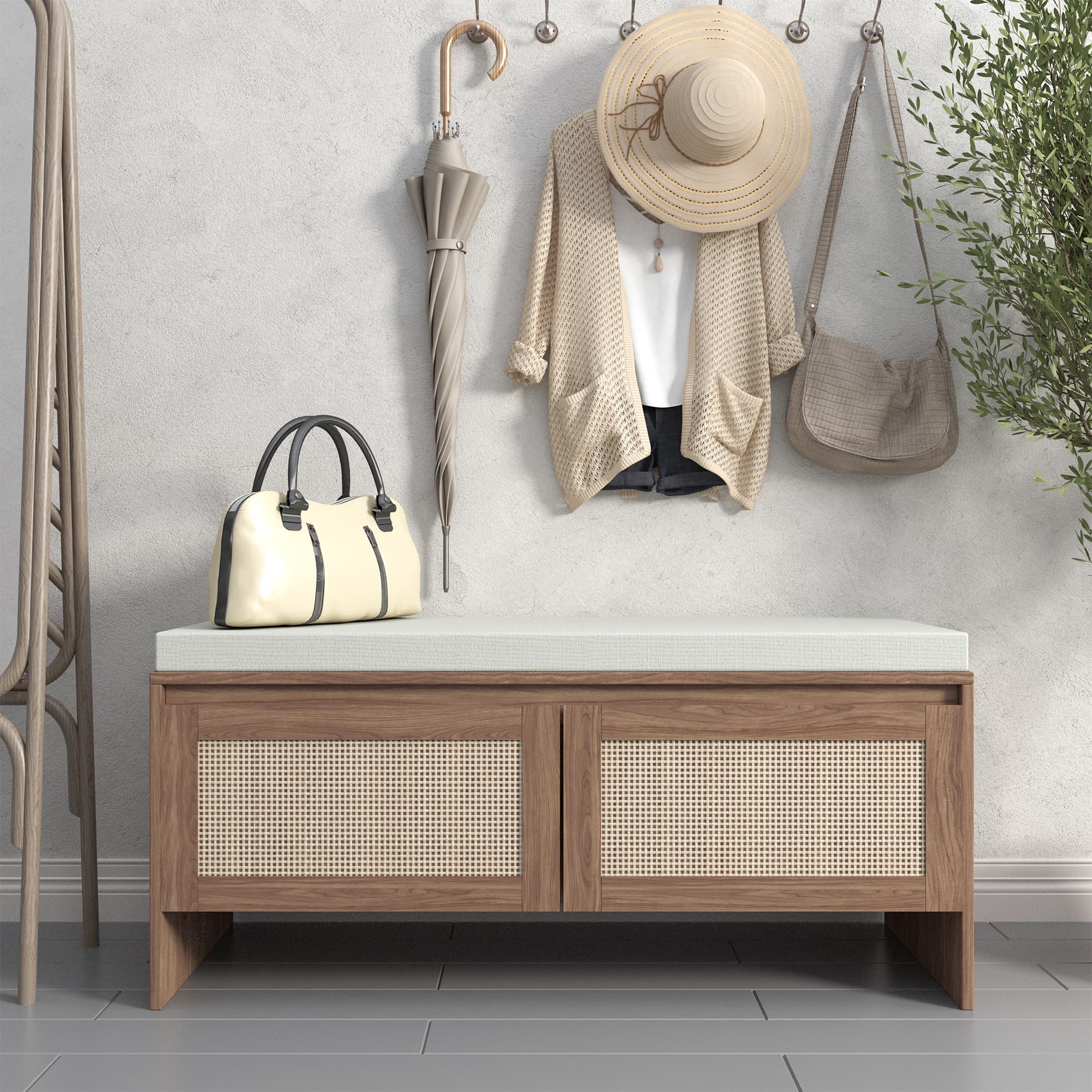 PP Rattan Storage Bench With Cushion, Faux Rattan Shoe Cabinet With 2 Doors, Mid-Century Modern Wood Entryway Seat, For Bedroom, Hallway, Mudroom, Natural Finish