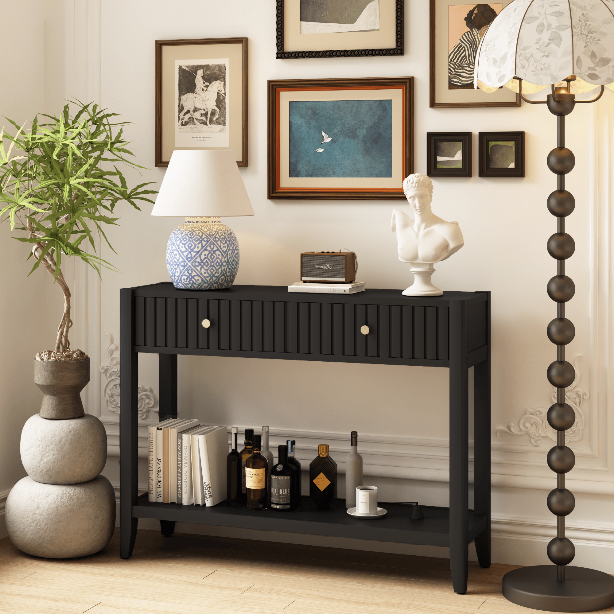 Console Table With Drawers, Narrow Wood Accent Sofa Table Entryway Table With Storage Shelf For Entryway, Front Hall, Hallway, Living Room, Black
