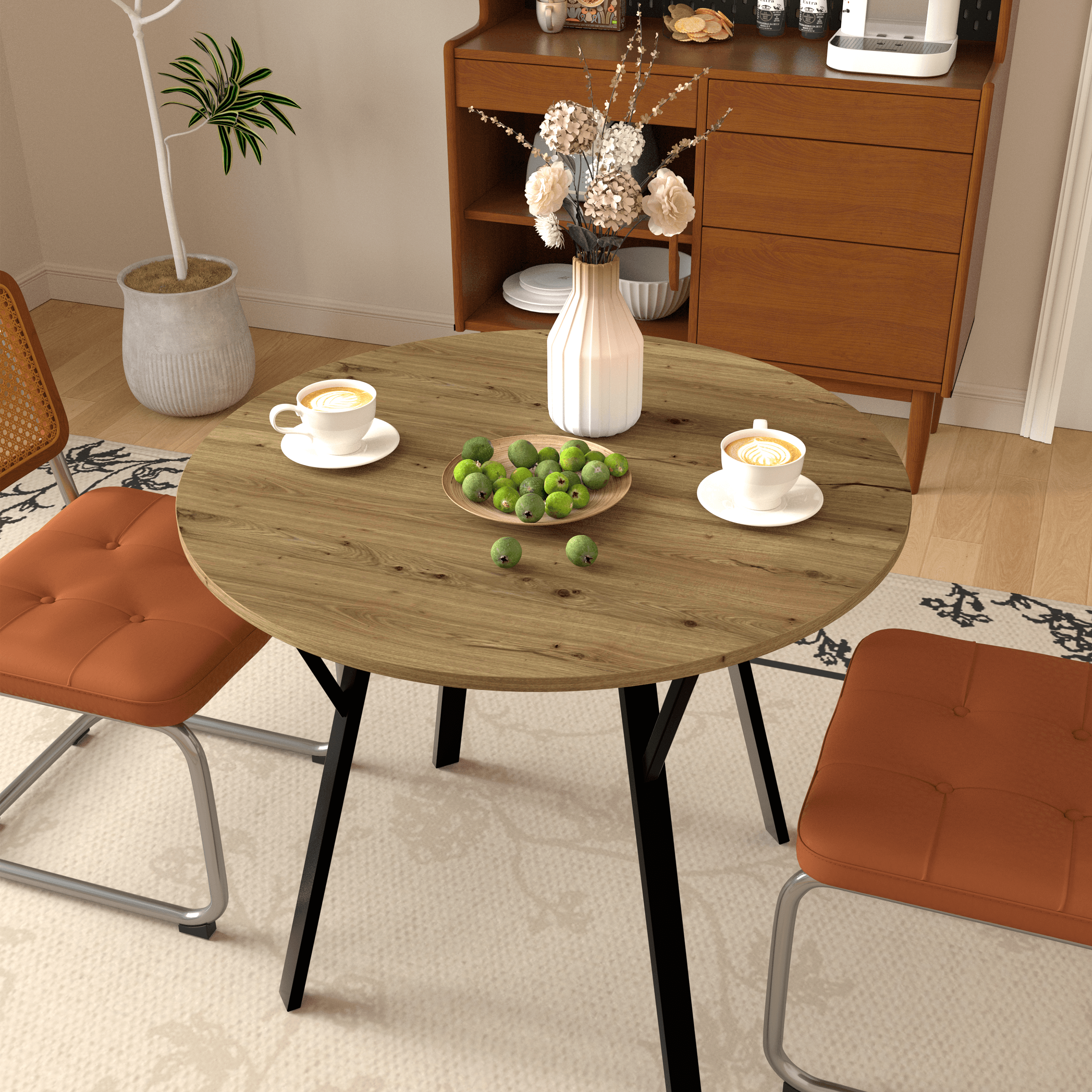 35.43 Inch Round Dining Table, Small Circle Kitchen Table With Metal Black Legs For 2-4 People,Modern Dining Room Table, Brown Only Table