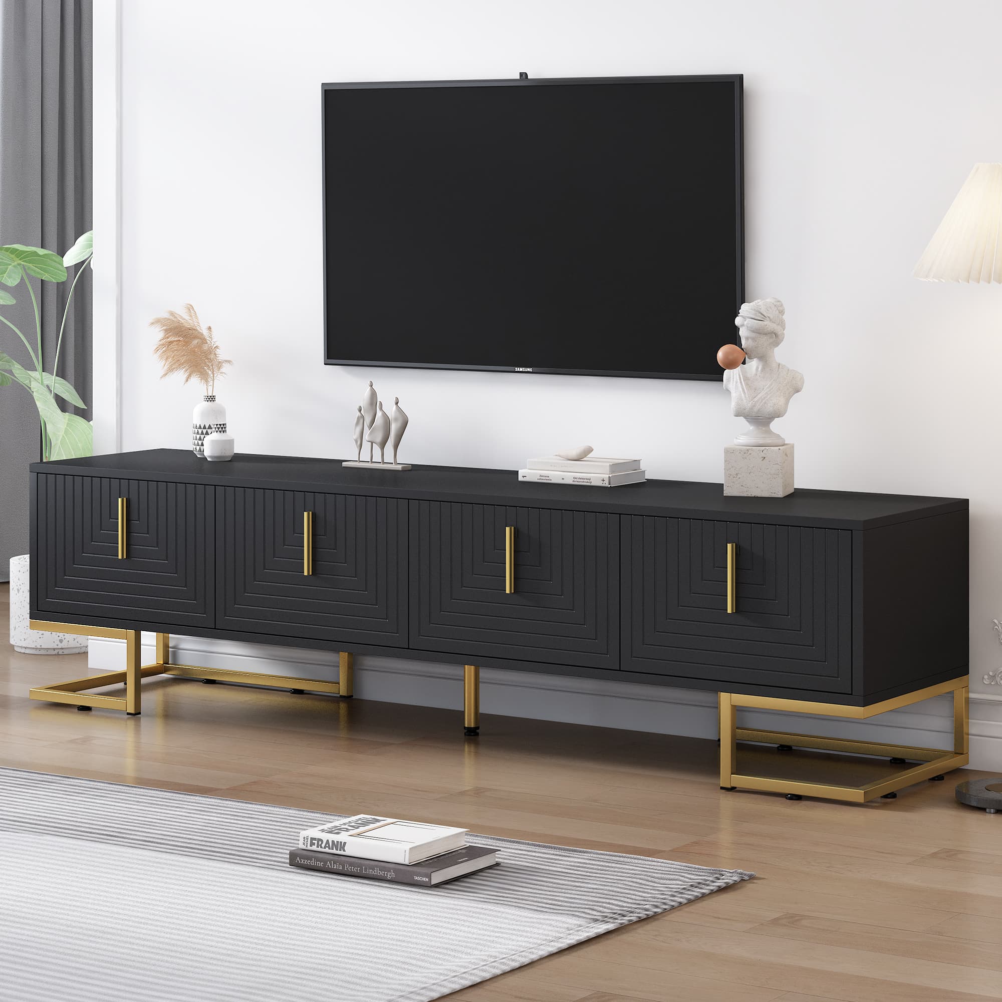 ON-TREND Modern TV Stand With Metal Legs And Gold Handles For TVs Up To 80'', Media Console Table With Cabinets And Adjustable Shelves, Luxury TV Cabinet With Geometric Lines For Living Room, Black