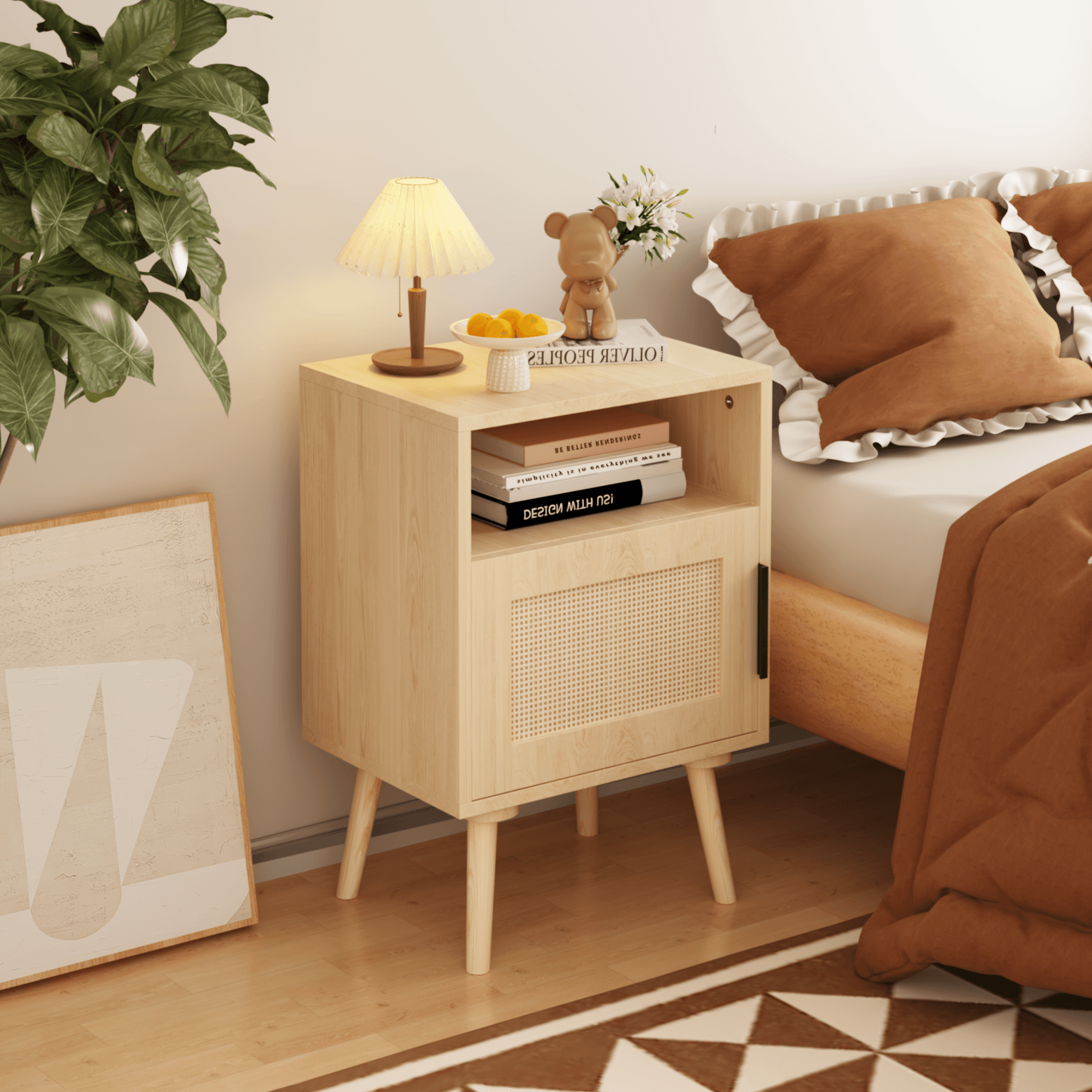 22.83'' H Rattan Nightstand, Side Table With Door Open Shelf, Accent Bedside End Table With Solid Wood Legs For Bedroom, Dorm And Small Spaces, Oak