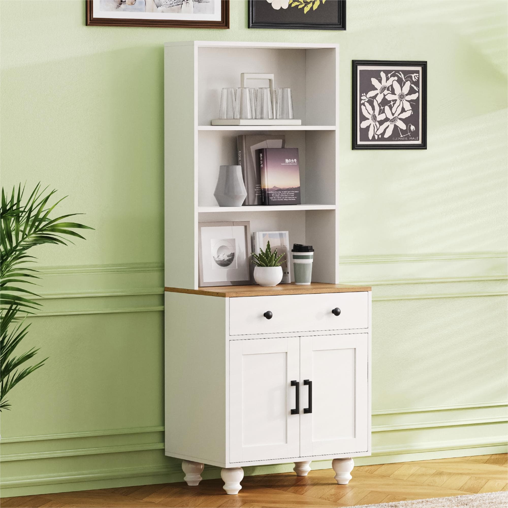 ON-TREND Farmhouse Storage Cabinet With 4 Solid Wood Gourd-Shaped Legs, Modern Kitchen Pantry Cabinet With Adjustable Shelves, 5 Tier Bookshelf With Drawer For Living Room, White
