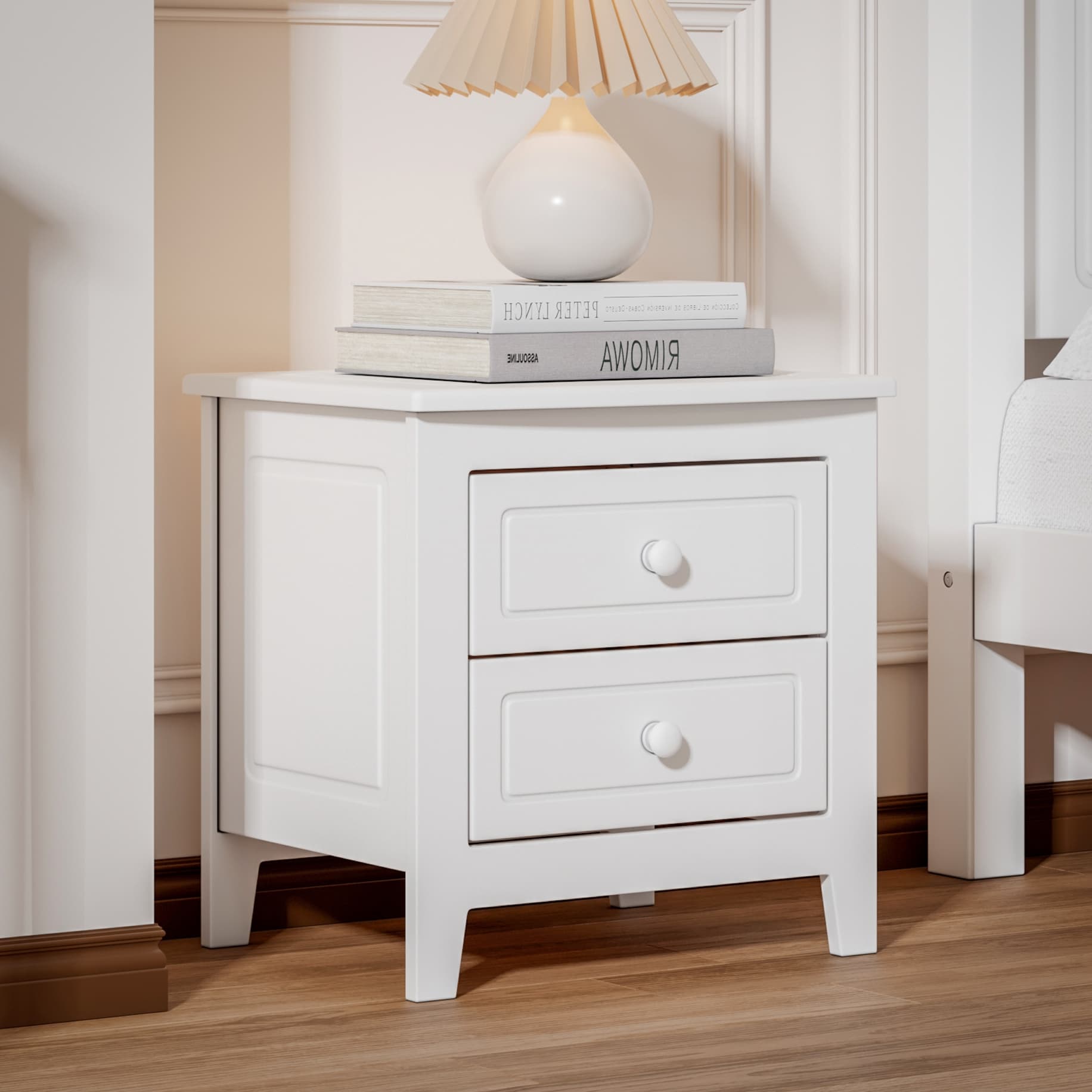 2-Drawer Nightstand For Bedroom, Mid Century Retro Bedside Table With Classic Design,White