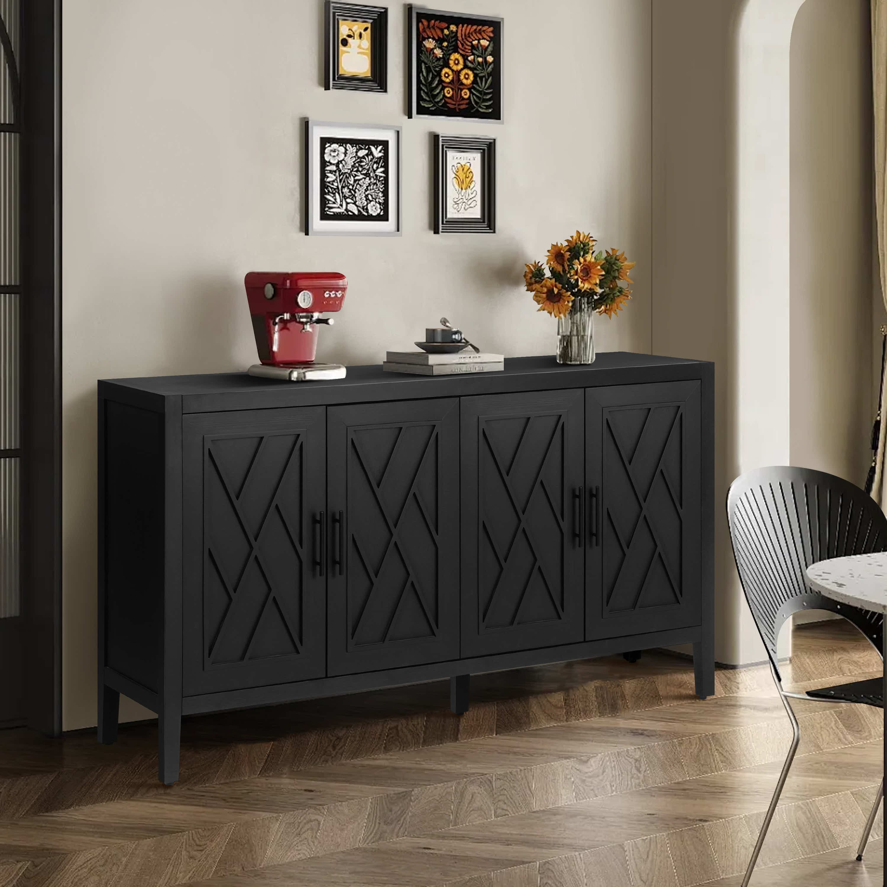 60 Inches Modern Farmhouse Accent Cabinet With 4 Doors And Adjustable Shelf Wood Sideboard Buffet Cabinet Console Table Credenza Buffet Table For Kitchen Dining Room Entryway Hallway Antique Black