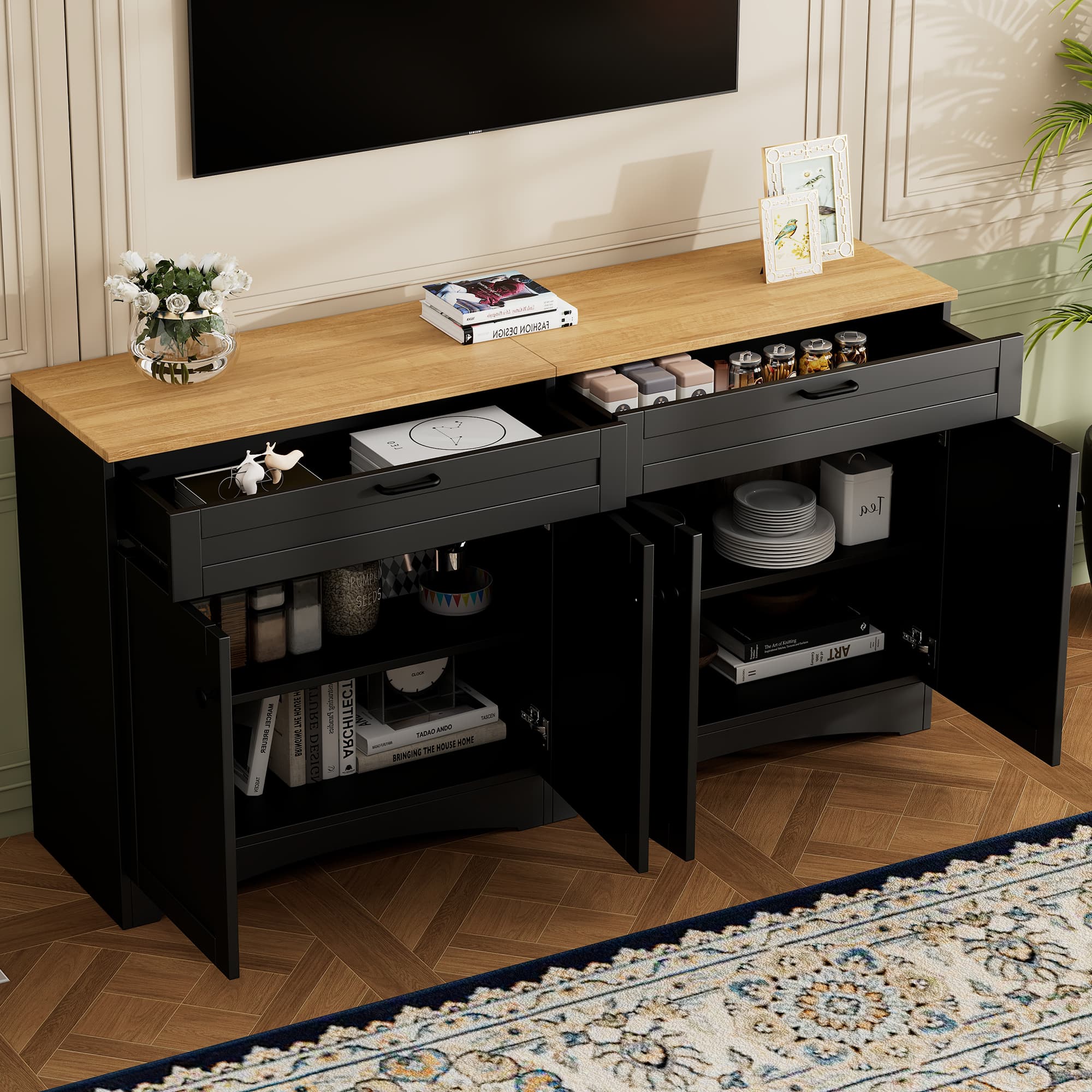 ON TREND Farmhouse TV Stand With 2 Drawers For TVs Up To 70, Versatile Wood Grain Sideboard With Adjustable Shelves, Mid Century Buffet Cabinet With Rustic Handles For Living Room Bedroom, Black