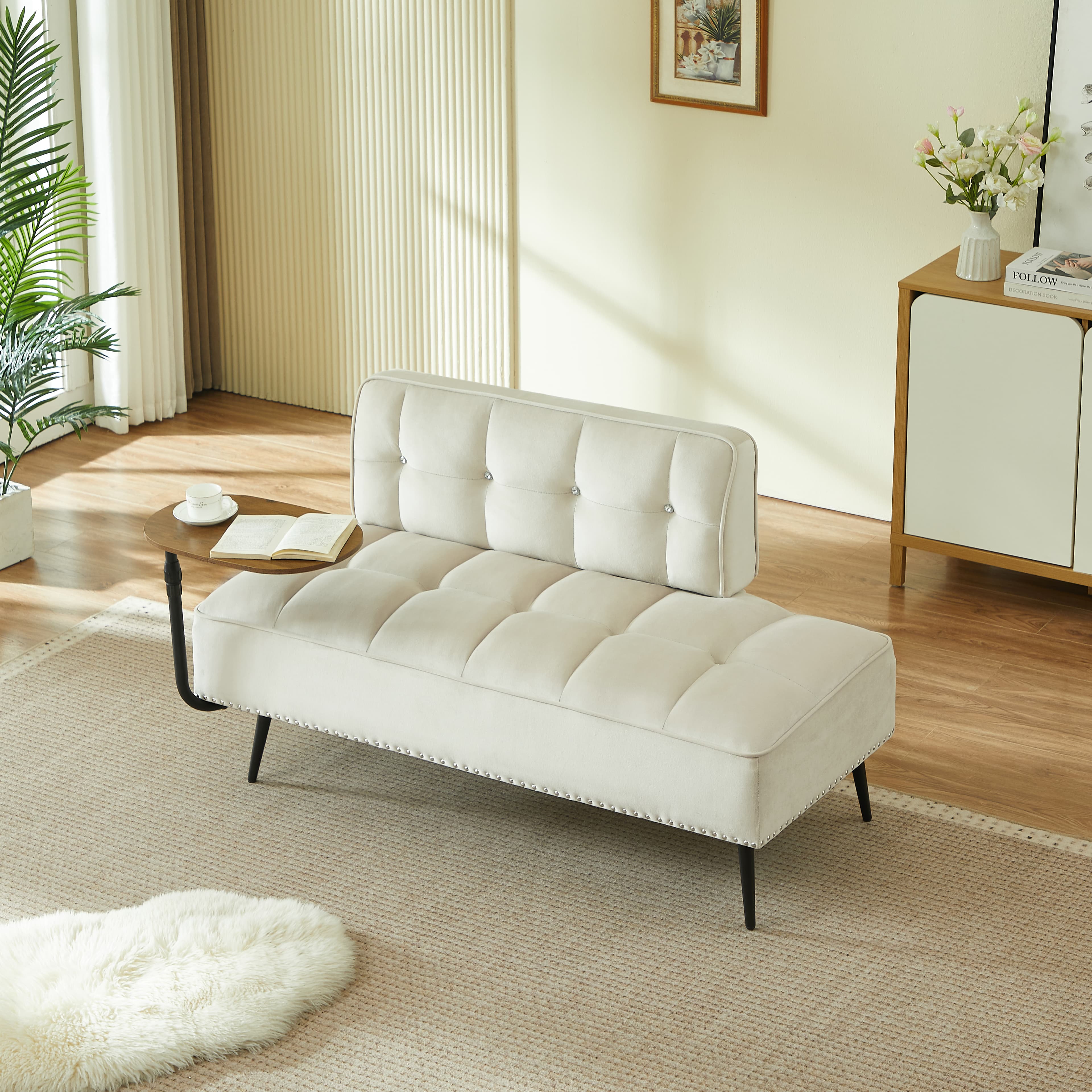 54-Inch Modern Two-Seater Velvet Sofa With Backrest & 360 Rotating Side Table - Includes Bench And Ottoman, Plush Cushions, Space-Saving Design For Living Room, Bedroom, Apartment Beige