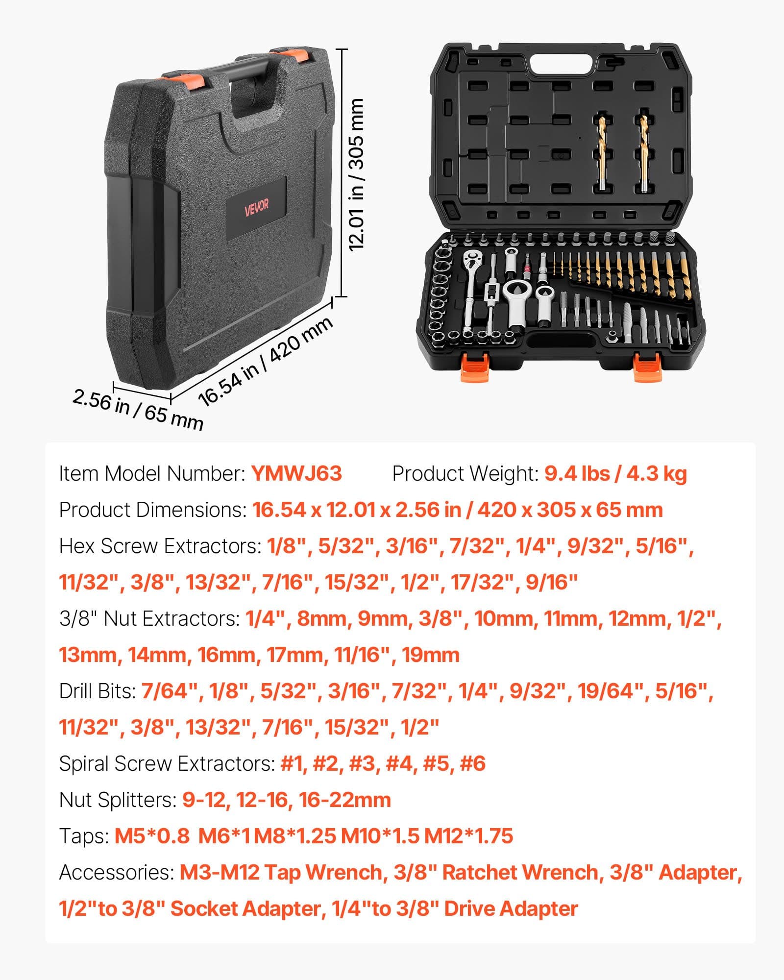 Screw Extractor Set, 63 Pieces, With Nut And Bolt Extractors, Nut Splitters, Taps, Drill Bits, Wrenches, Adapters, And Solid Storage Case, For Removing Rounded, Broken, Or Stripped Fasteners