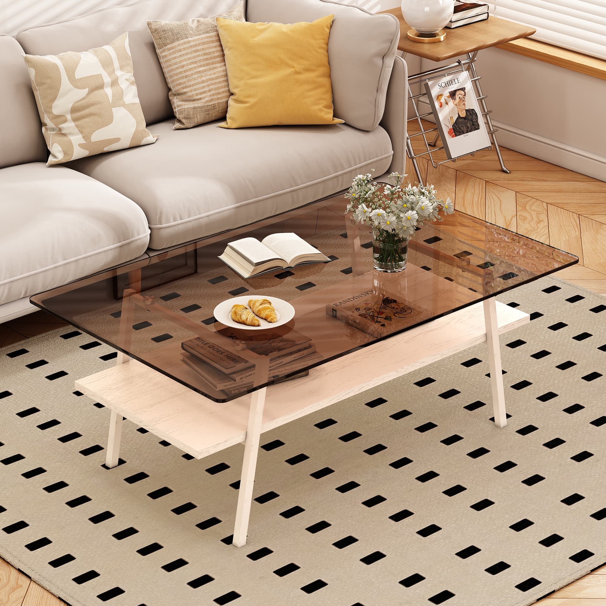Rectangle Coffee Table, Tempered Glass Tabletop With White Metal Legs, Modern Table For Living Room , Brown Glass