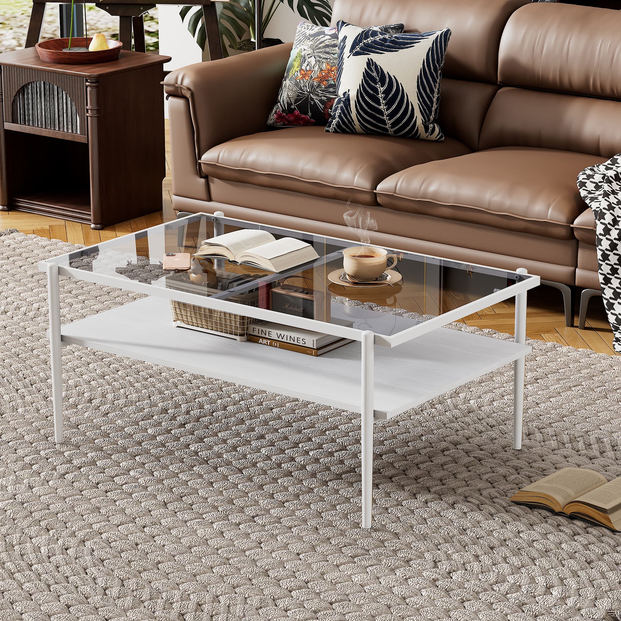 Rectangle Coffee Table With Gray Tempered Glass Top And White Legs, Modern Table For Living Room