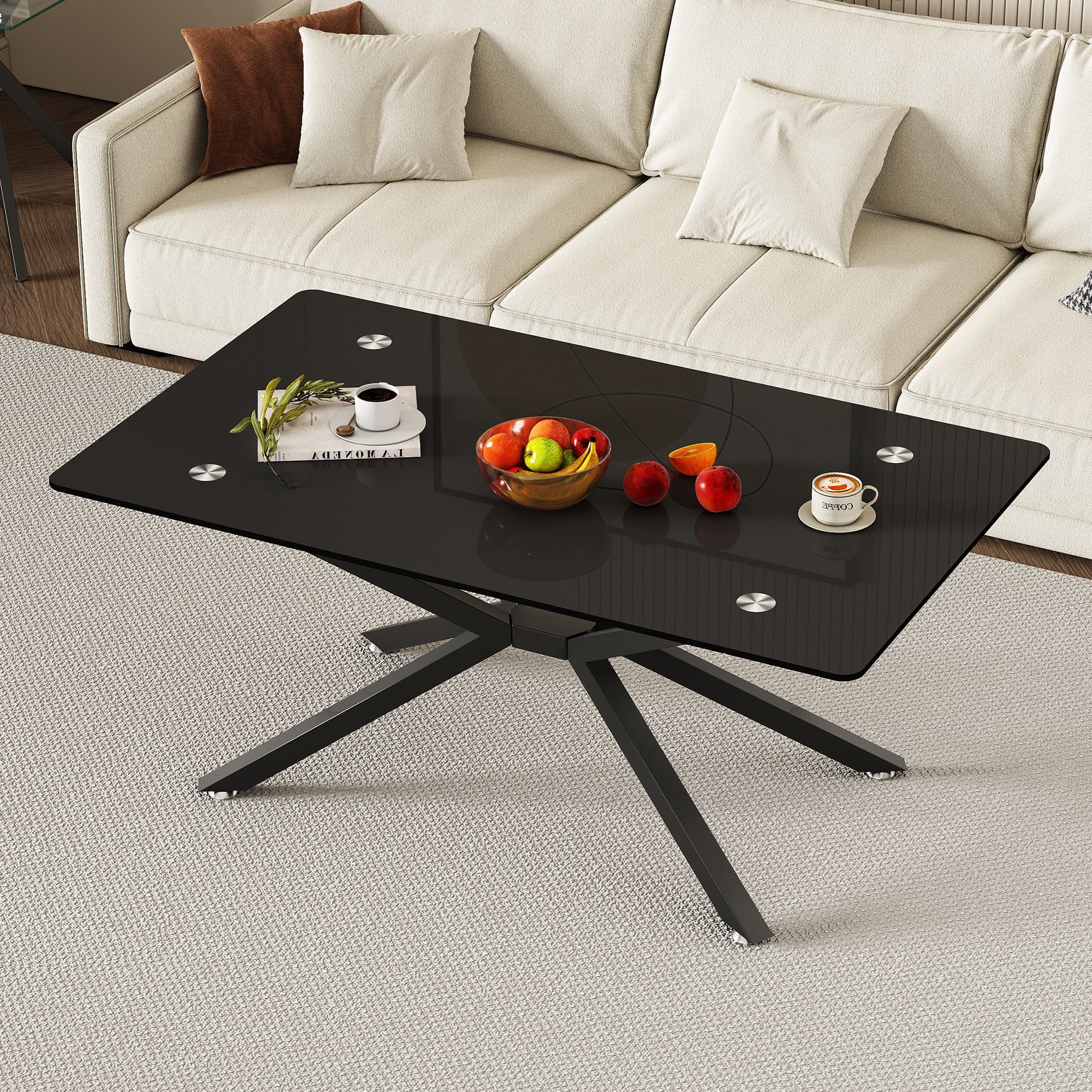 39.37 Rectangle Black Glass Coffee Table,Stylish Design With Black Metal Legs, Coffee Table For Living Room