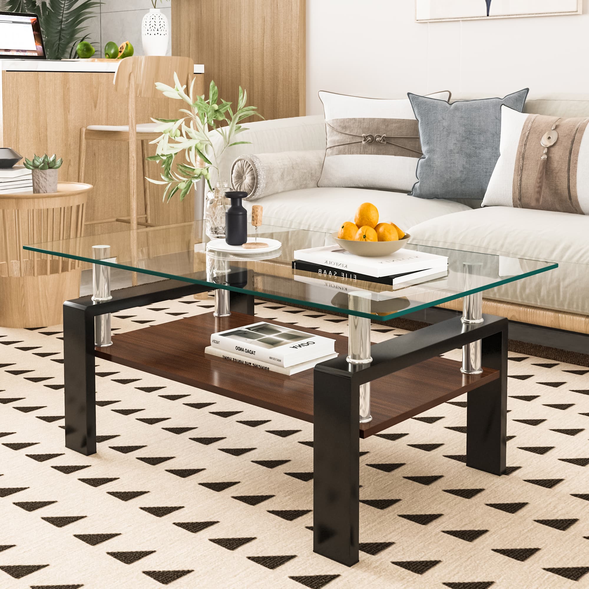 Rectangle Coffee Table, Tempered Glass Tabletop With MDF Layer, Modern Table For Living Room , Transparent Glass