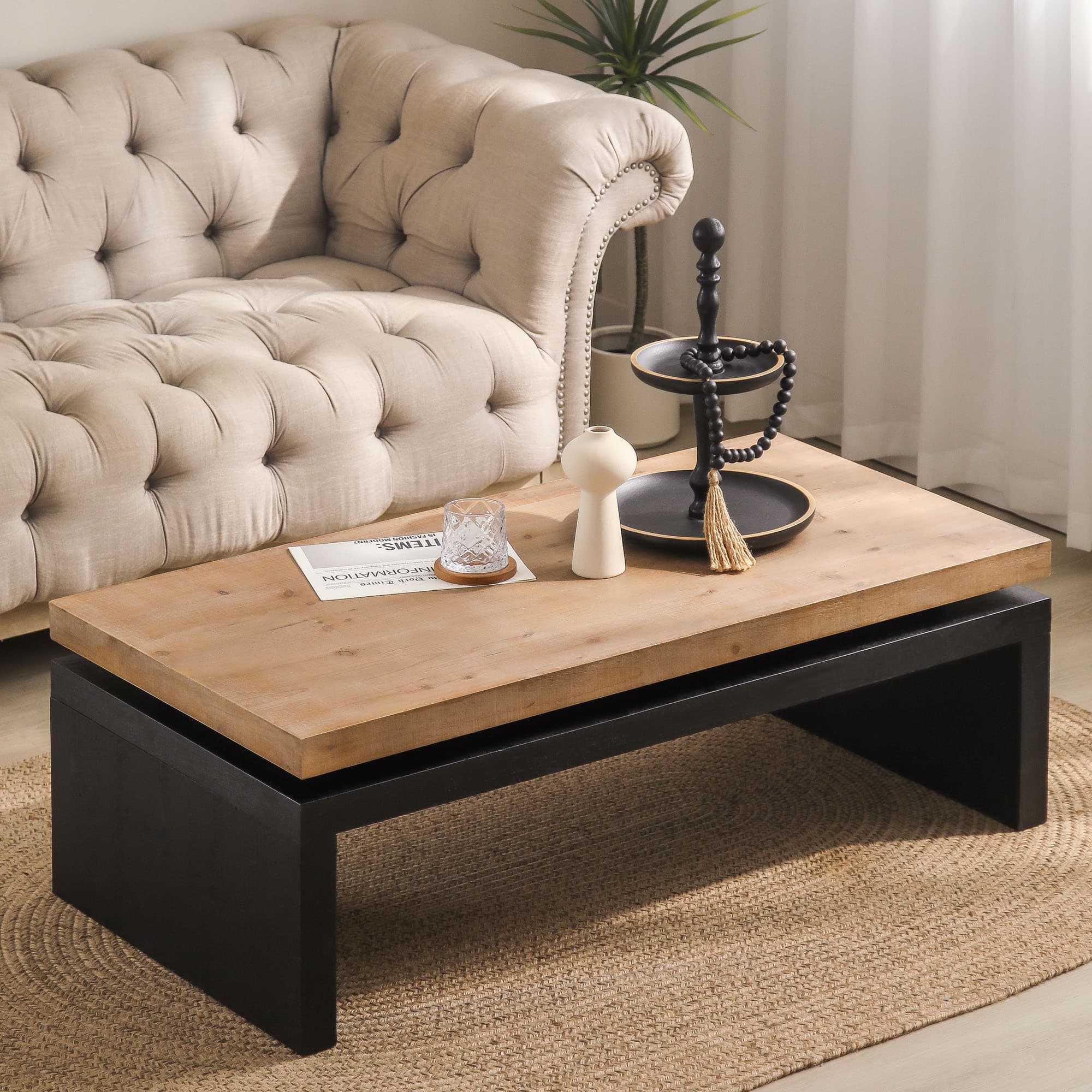 Modern Industrial Coffee Table Two-Tone Wood Center Table With Floating Top Design 47.6 L X23.6 W X 16.3 H