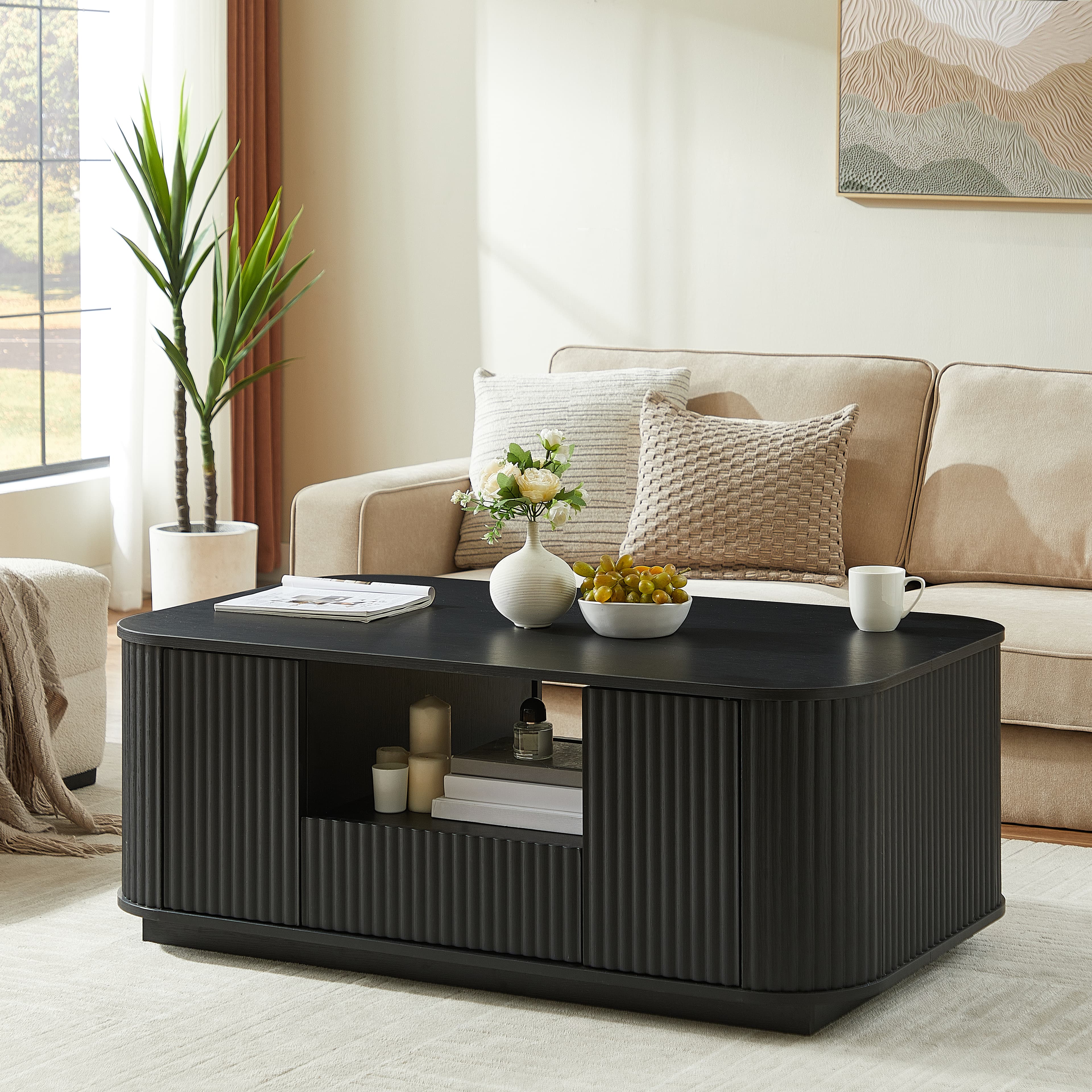46.5 Modern Luxury Oval Coffee Table With Drawers And Storage Compartments, Curved Contour Design, Living Room Center Coffee Table, Suitable For Living Rooms And Offices, Black, 46.5 Lx27.2 Wx17.7 H
