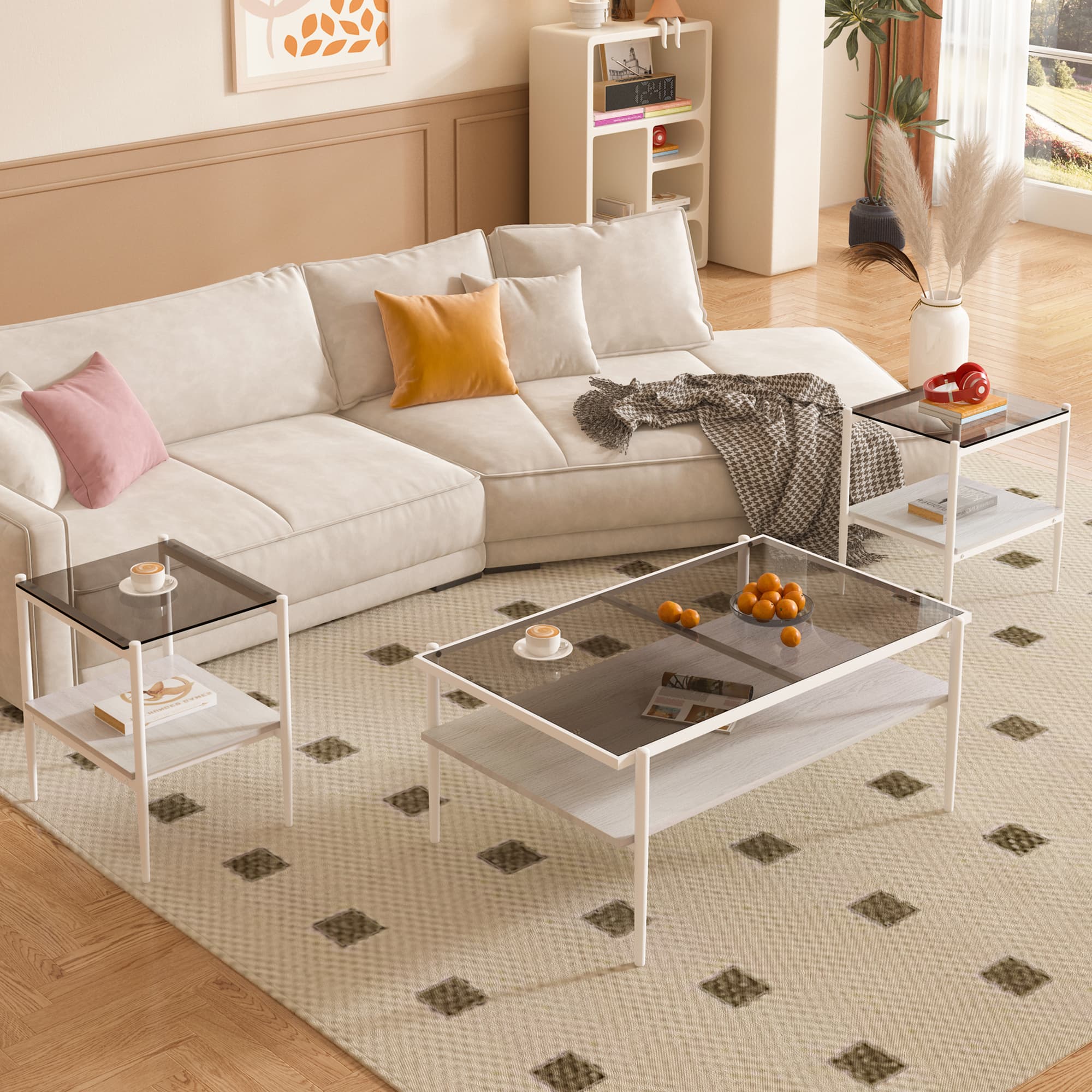 Coffee Table And End Tables Set Of 3, Tempered Glass Table With MDF Layer, Modern Tables For Living Room , Gray Glass