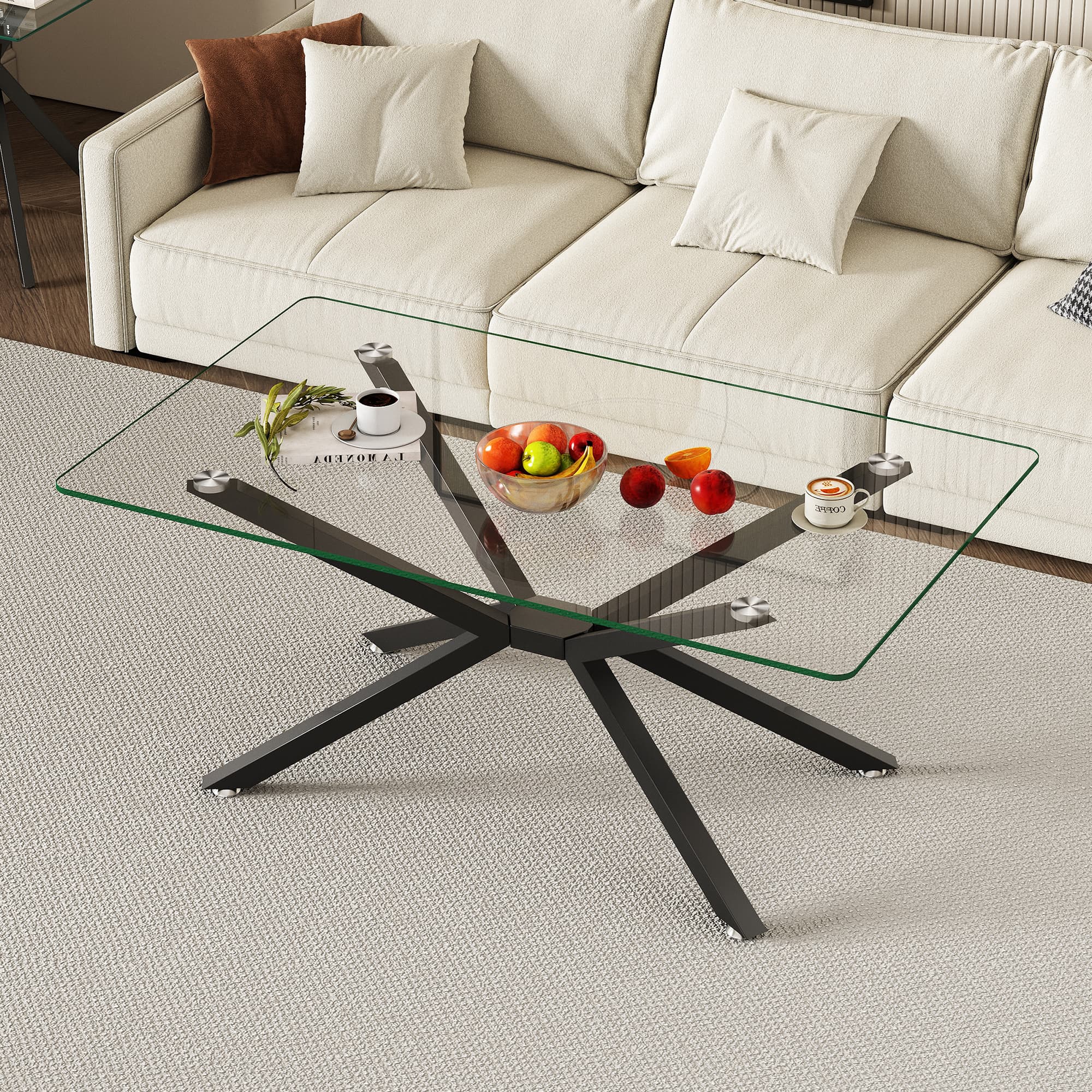 39.37 Rectangular Clear Tempered Glass Coffee Table,Stylish Design With Black Metal Legs, Coffee Table For Living Room