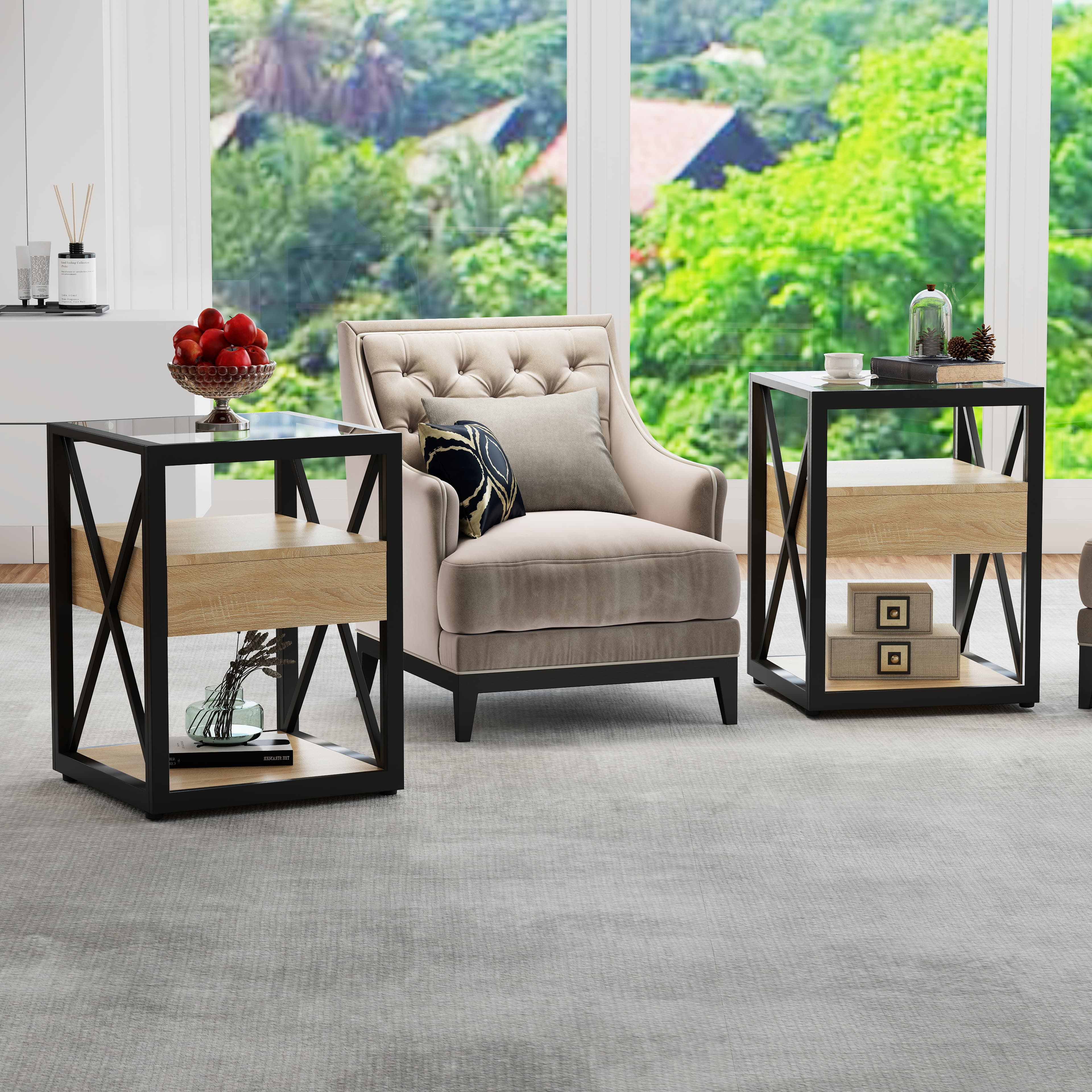 Set Of 2 Modern End Table With Drawer - Nightstand For Bedroom & Living Room, Natural Wood MDF & Tempered Glass Top, Industrial Style Side Table
