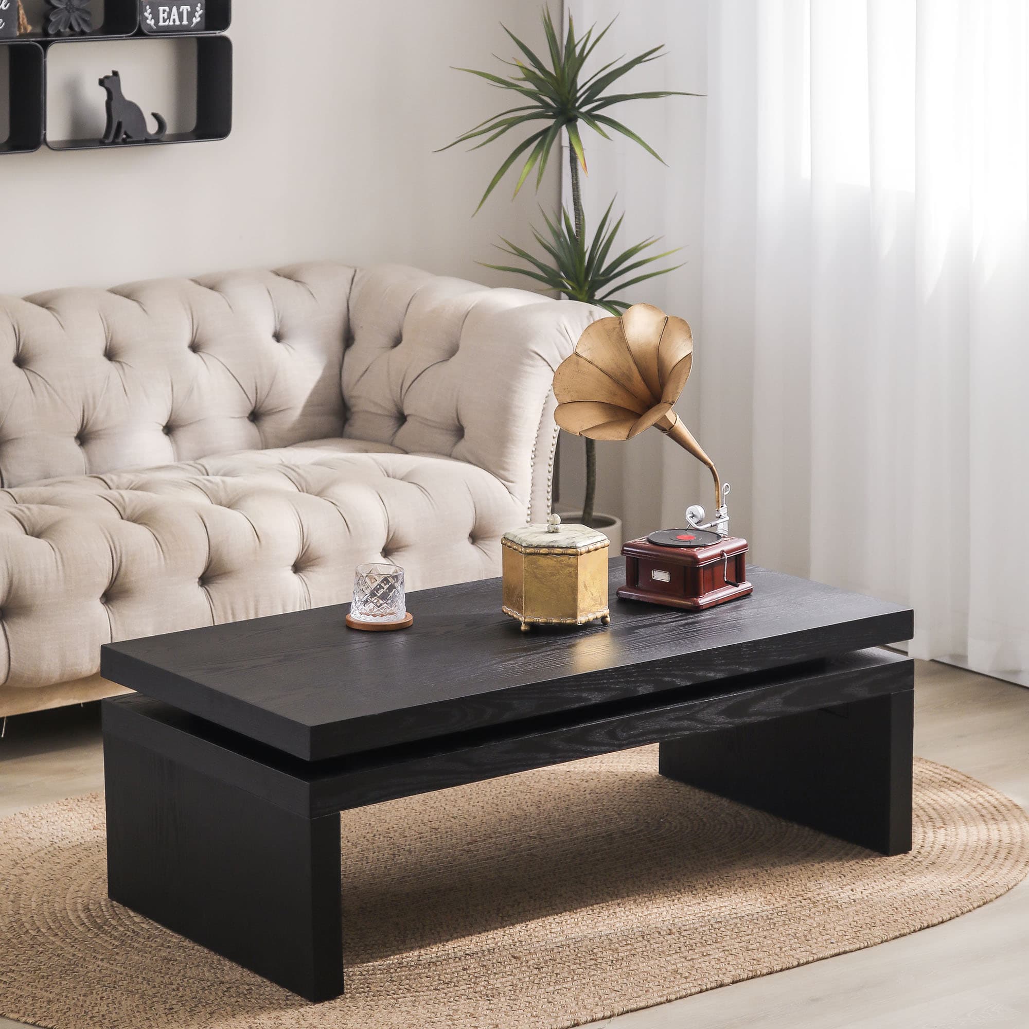 Modern Black Wood Coffee Table Sleek Floating Top Design For Living Room 47.6 Lx23.6 W X16.3 H