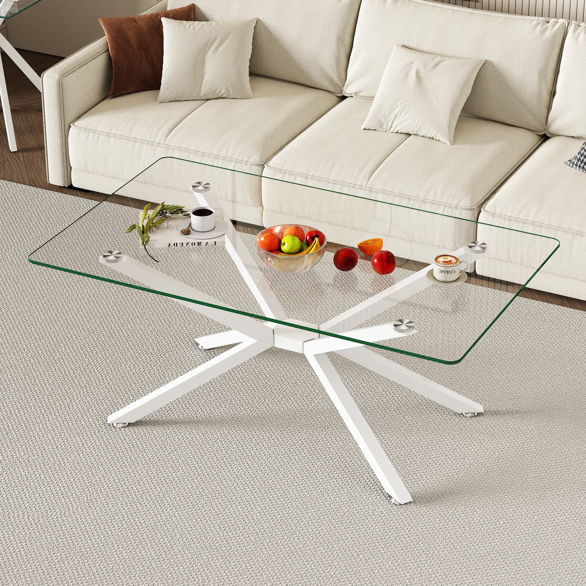 39.37 Rectangle Clear Glass Glass Coffee Table,Stylish Design With White Metal Legs, Coffee Table For Living Room