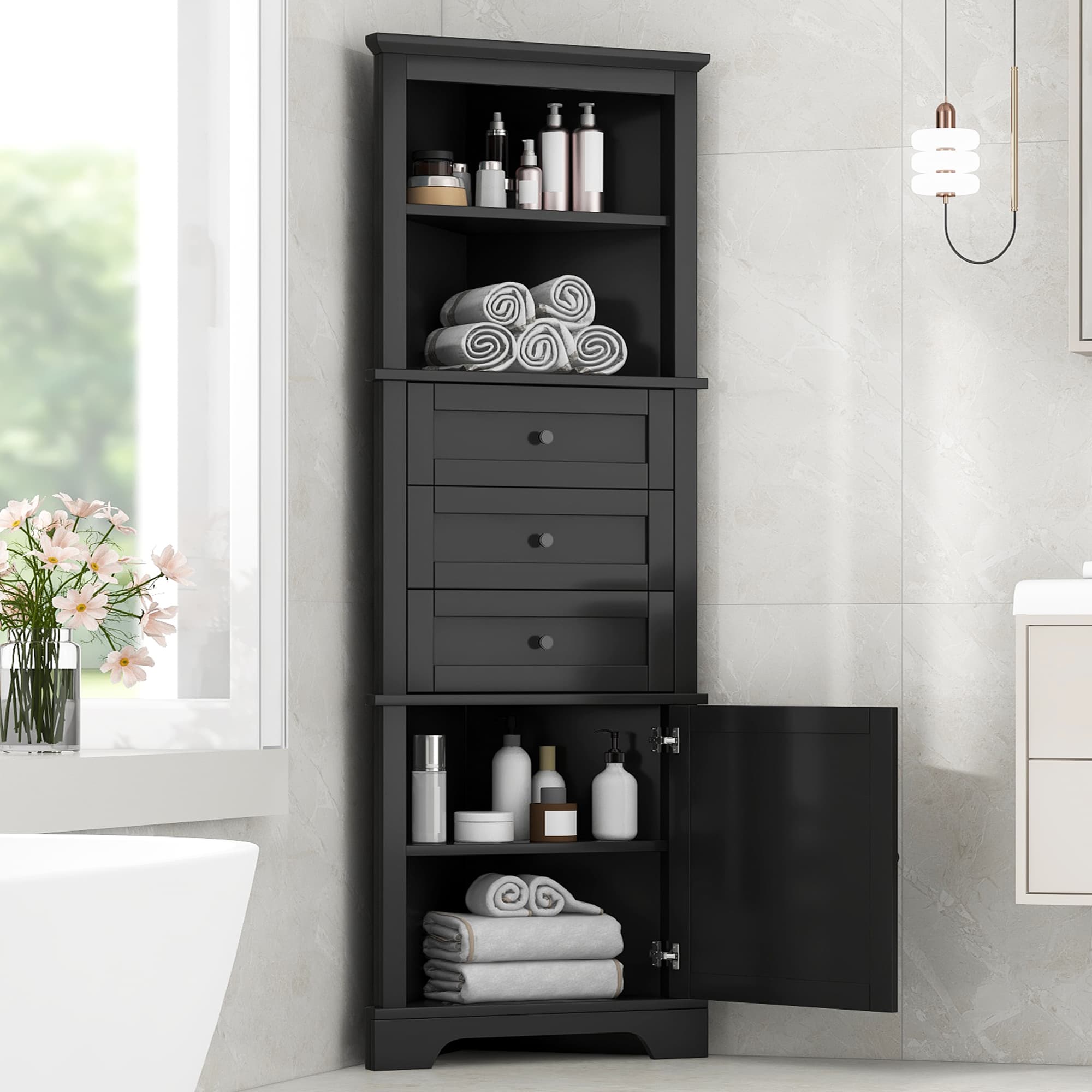 Black Triangle Tall Cabinet With 3 Drawers And Adjustable Shelves For Bathroom, Kitchen Or Living Room, MDF Board With Painted Finish