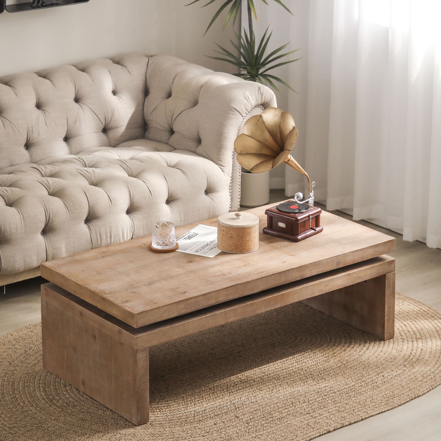 Modern Rustic Wood Coffee Table Rectangular Living Room Center Table With Floating Top Design 47.6 L X 23.6 W X16.3 H