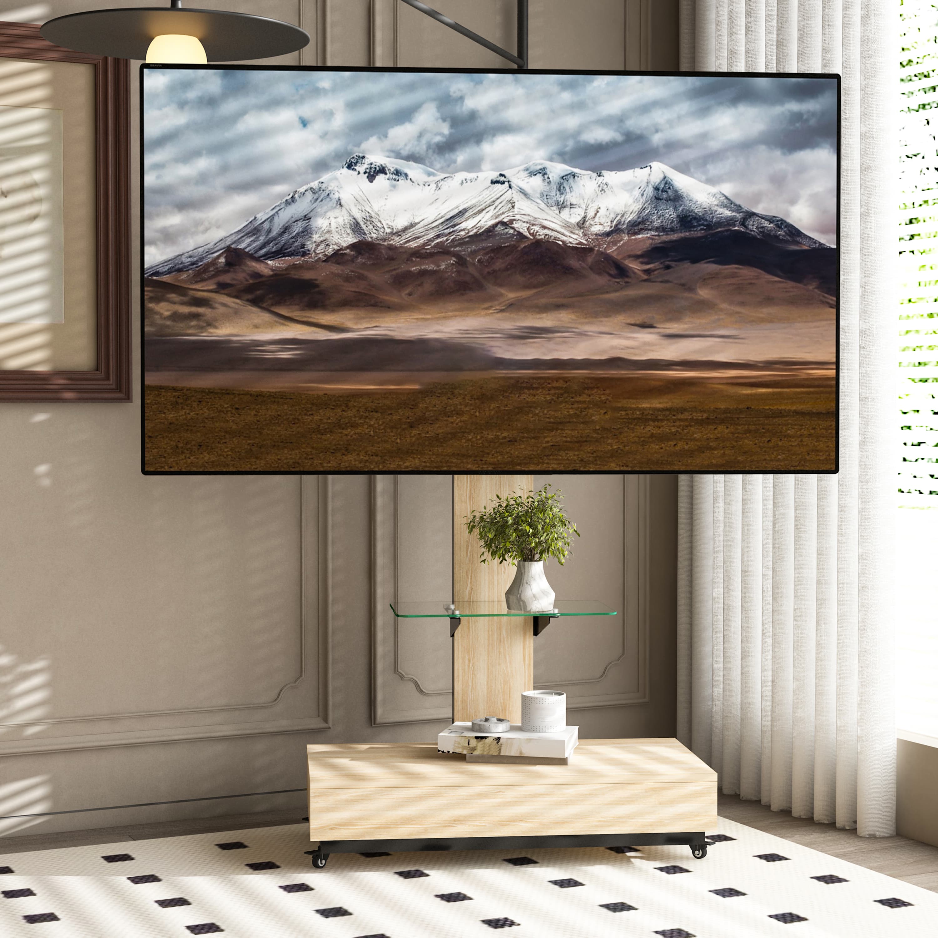 TV Stand With Push-pull Drawer For Living Room, Bedroom,Offices,Adjustable Height Mobile TV Cart For 32-75 Inches,Wood &glass TV Stand With Wheels,Natural