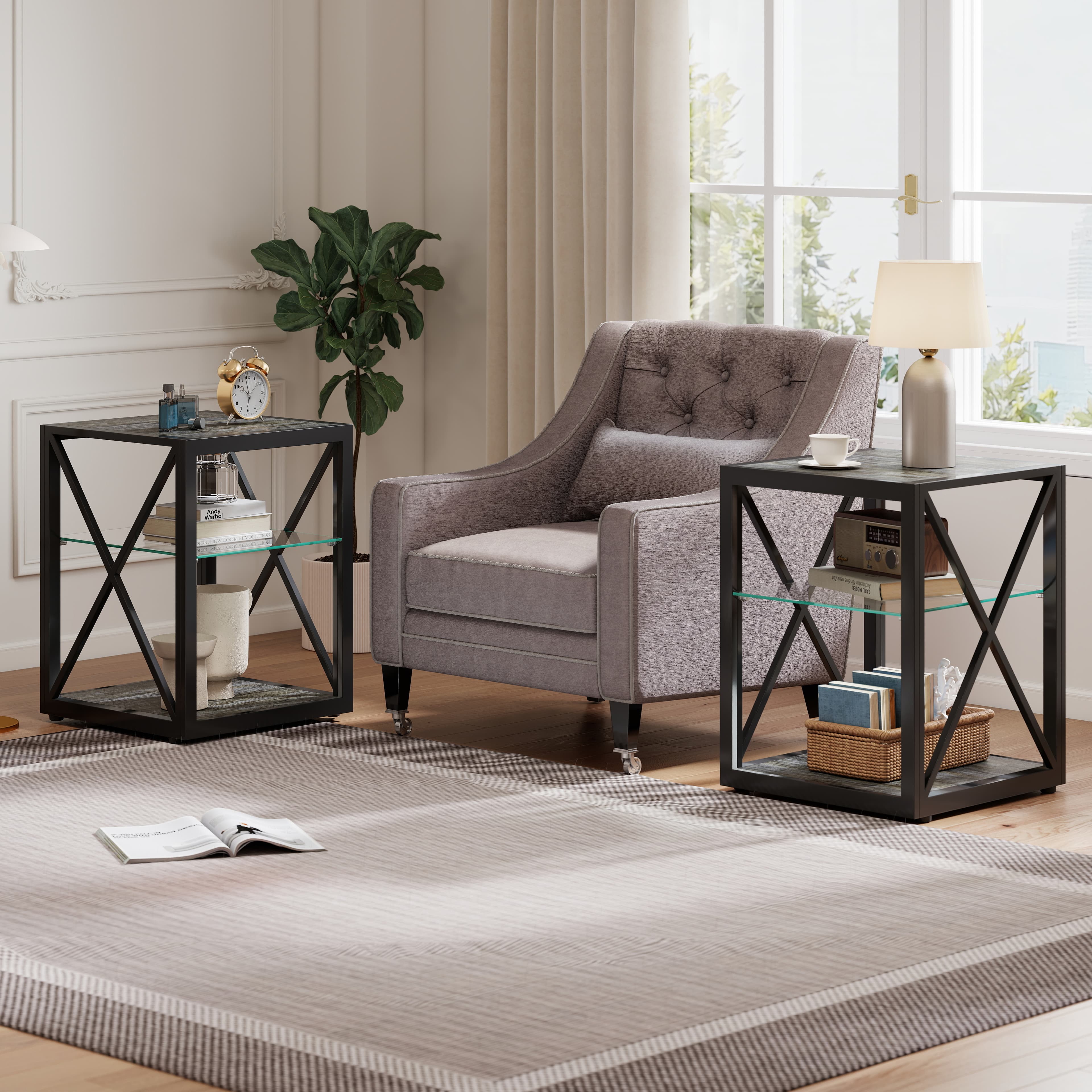 Set Of 2 Modern End Table Nightstand For Bedroom & Living Room, Tempered Glass&Rustic Wood Grain MDF, Industrial Style Side Table