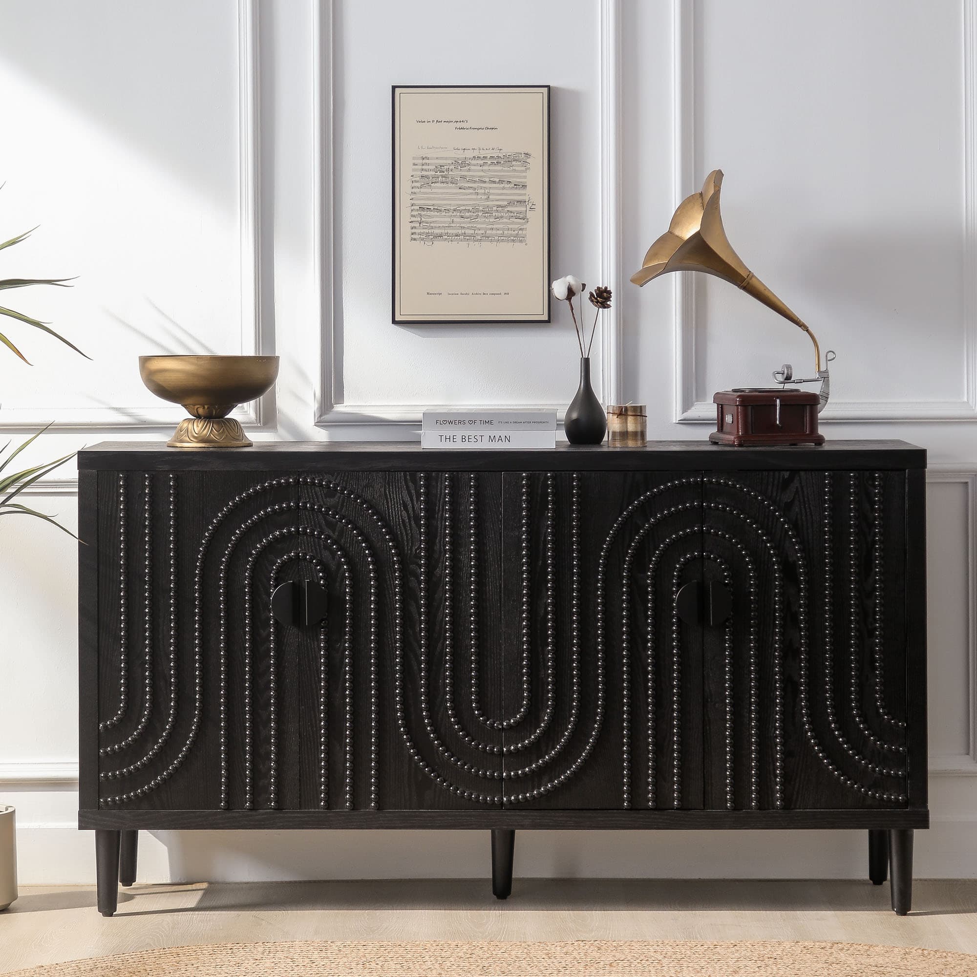 Modern Black Sideboard Cabinet With Decorative Nailhead Accents, Stylish Storage Solution For Dining & Living Rooms
