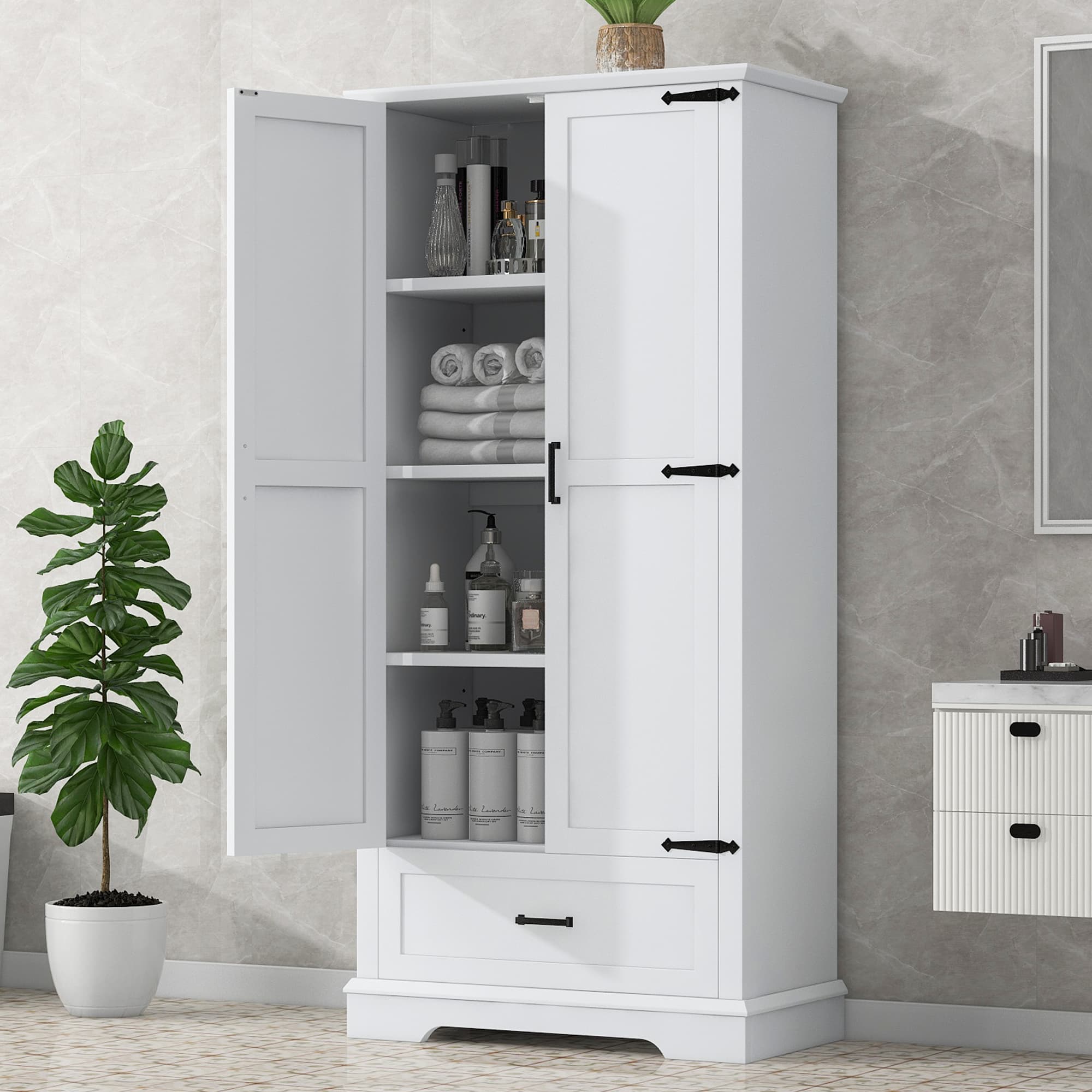 Tall Bathroom Storage Cabinet, Cabinet With Two Doors And One Drawer, Adjustable Shelf, MDF Board, White