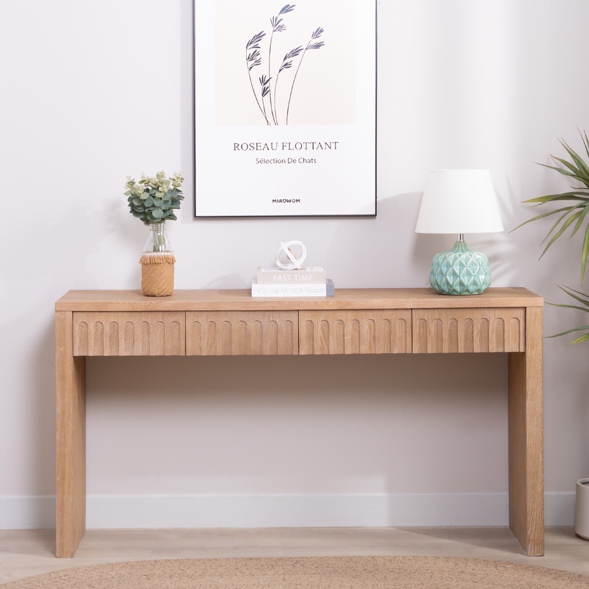 Modern Console Table With 4 Drawers 59.2 Entryway Table In Natural Wood Finish