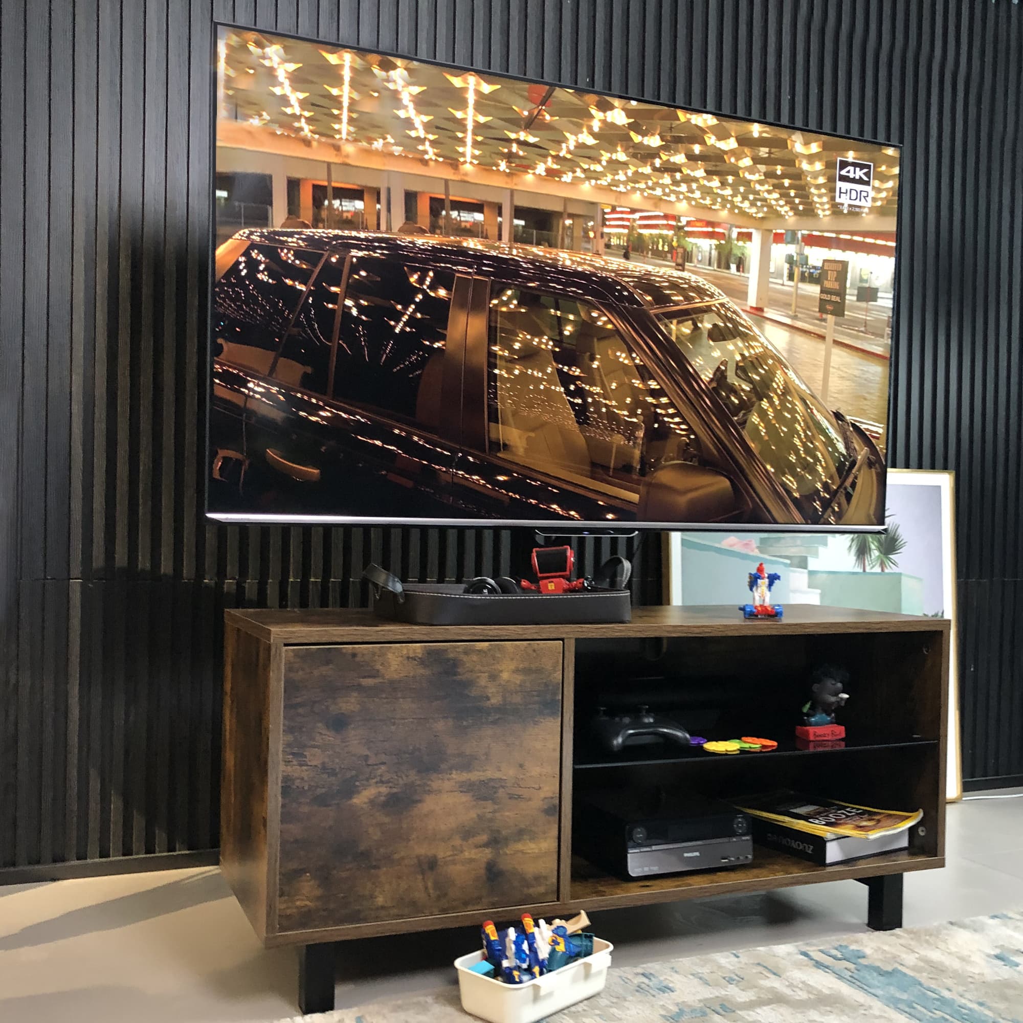Rustic Brown TV Console With Push-to-open Storage Cabinet For TV Up To 65in Wood &glass TV Stand For Living Room Bedroom