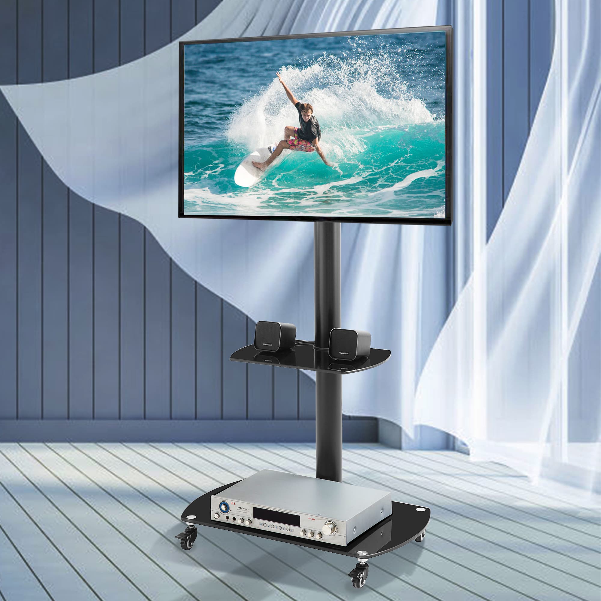 Height And Angle Adjustable Multi-Function Tempered Glass Metal Frame Floor With Lockable Wheels Mobile TV Stand, LCD Plasma TV Bracket 2 Tier Tempered Glass Shelves For Multiple Media Devices