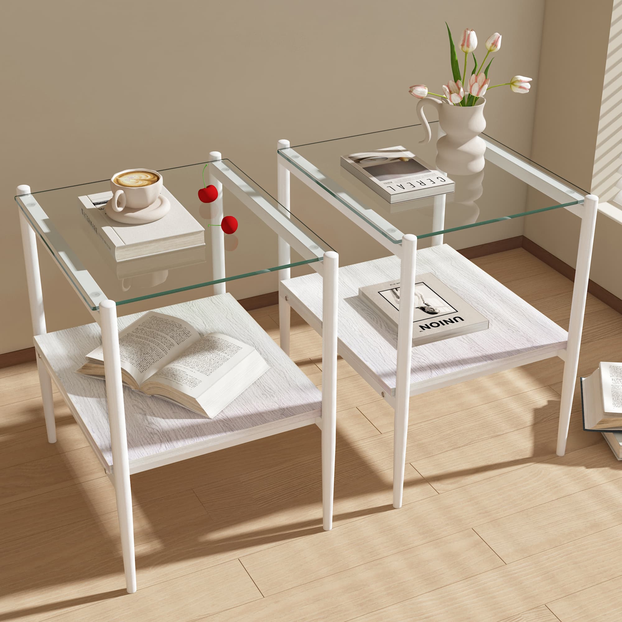 Set Of 2 Rectangle End Table, Tempered Glass Tabletop With MDF Layer, Modern Table For Living Room , Transparent Glass