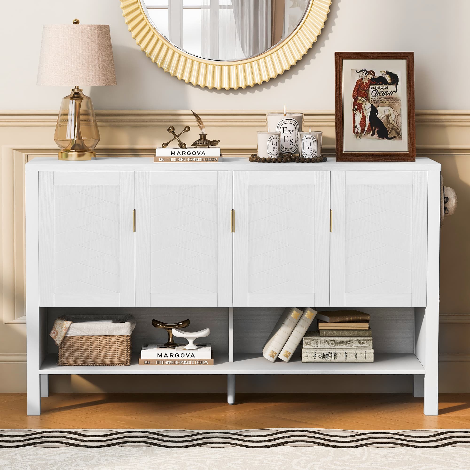 U-STYLE 55.1 Storage Sideboard With 4- Doors Multi Functional Buffet With Open Shelf And 2- Tiers Adjustable Shelves Modern Cabinet With Double Hooks Suitable For Living Room Hallway Dining Office.