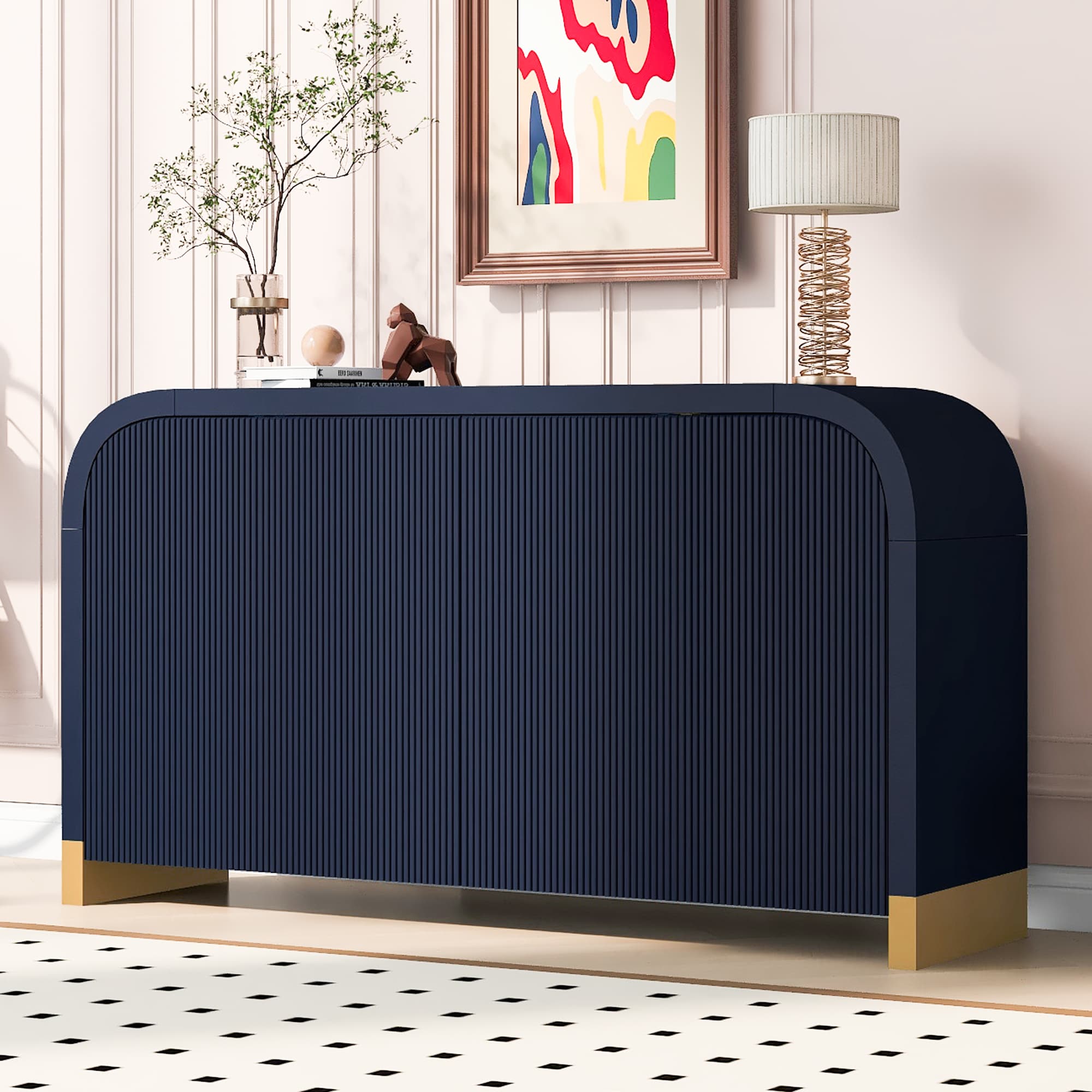 U-STYLE 59.8 Sideboard Buffet Cabinet With Arched Ceiling And 4- Door Pine Veneer Storage Cabinet With Wavy Door Panel Elegant Coffee Bar Console Table With Adjustable Shelves For Living Room Foyer