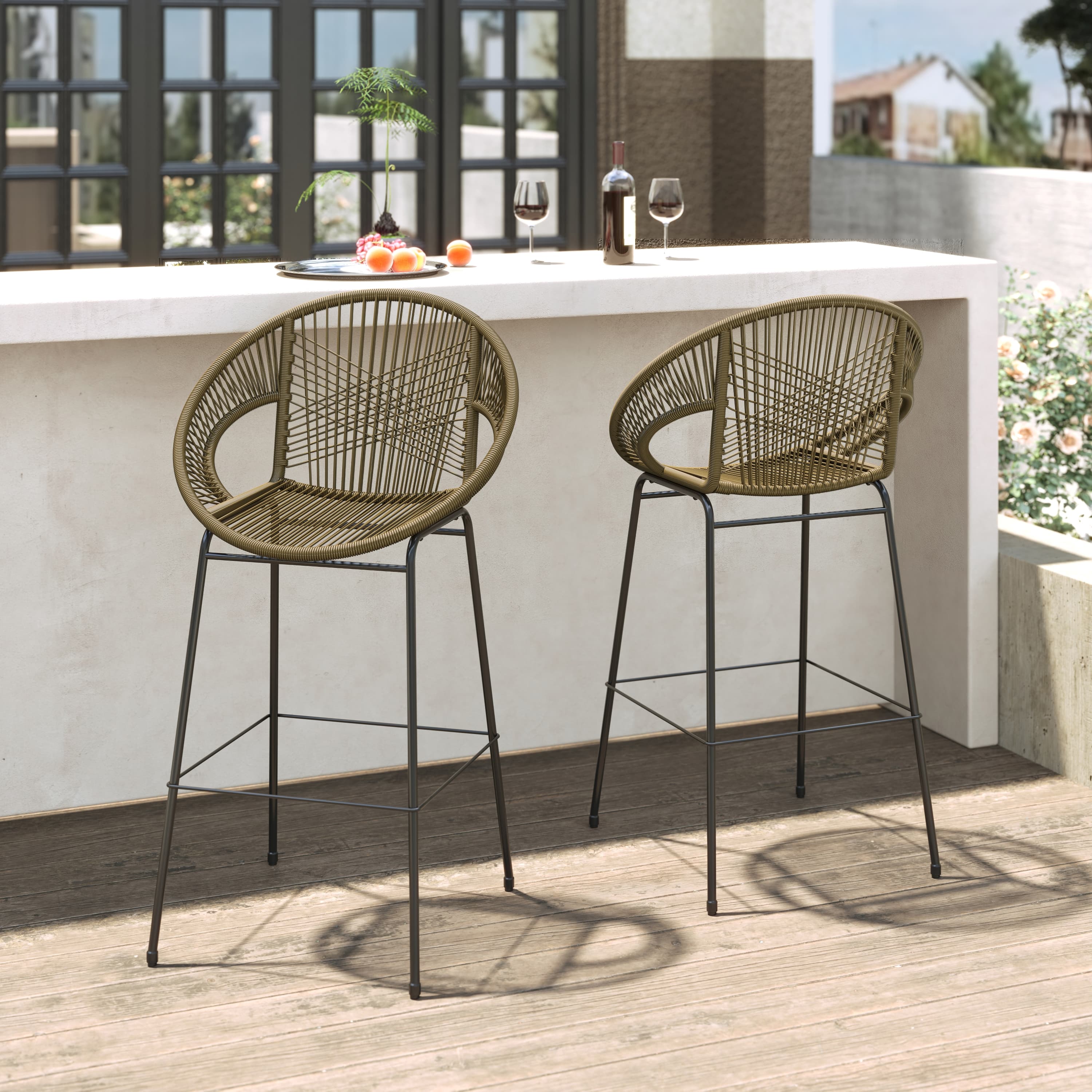 Ferrara Outdoor Patio Green Faux Wicker Barstool Set Of 2