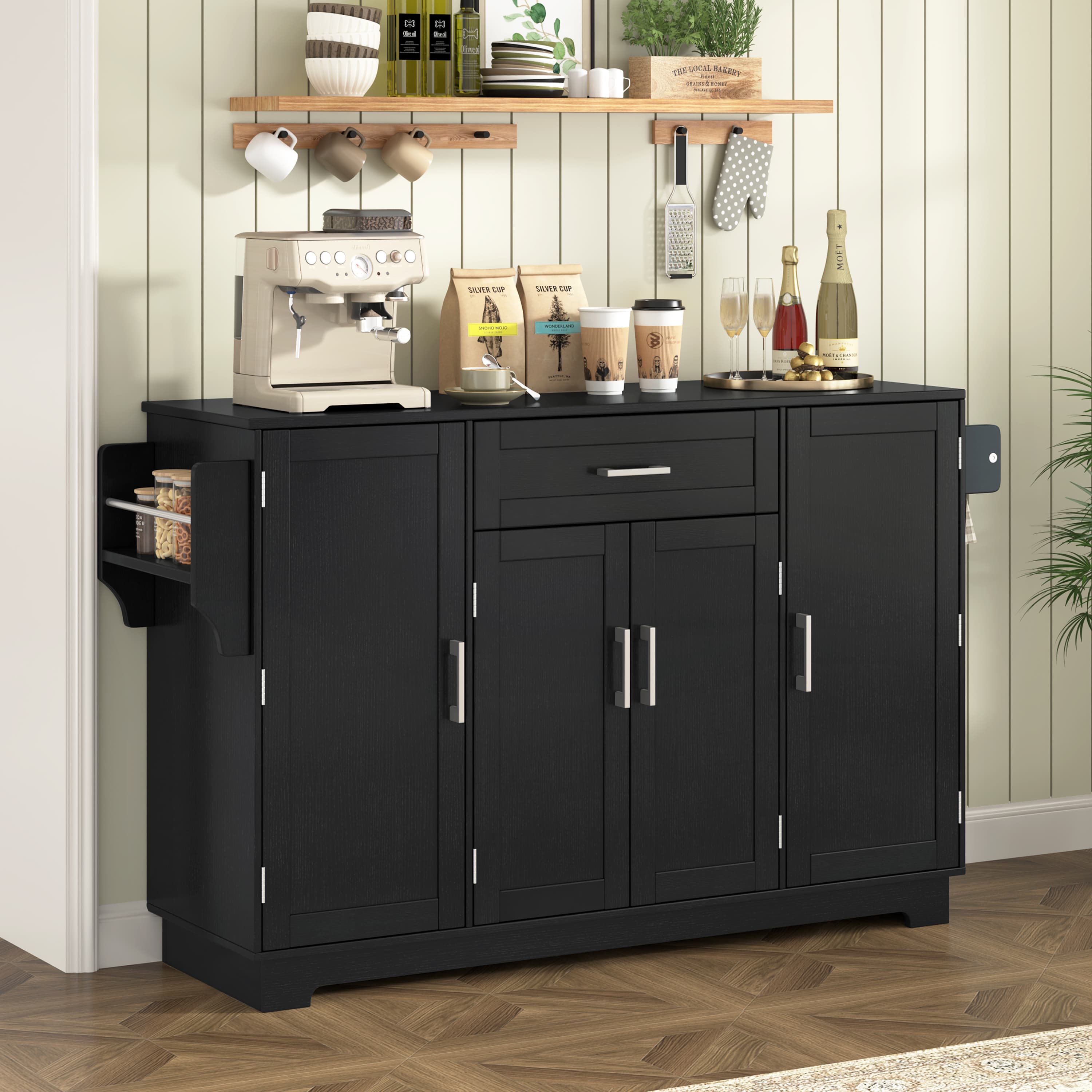 U-STYLE 54.3 Sideboard Buffet Cabinet With Storage 4 Doors & 1 Drawer Melamine MDF Kitchen Storage With Adjustable Shelves Aluminum Alloy Handles Side Shelves & Hanging Rod For Dining Room