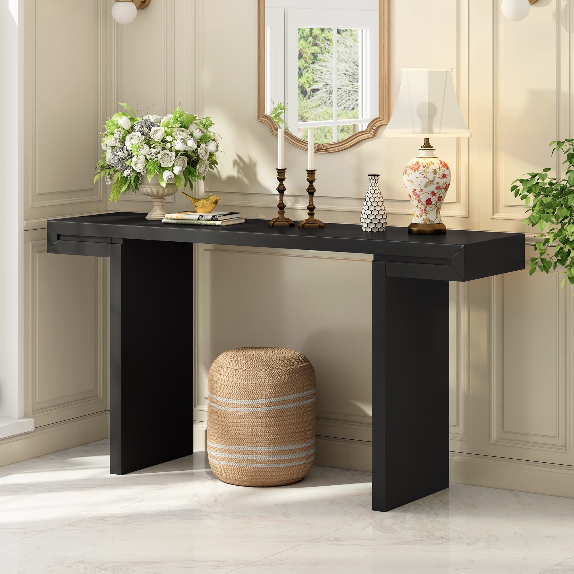 U- Style Large 60- Inch Console Table With Geometric Clean Lines Design Stylish Entryway Table With Painted Finish And Adjustable Feet Suitable For Living Room Entryway Hallway.