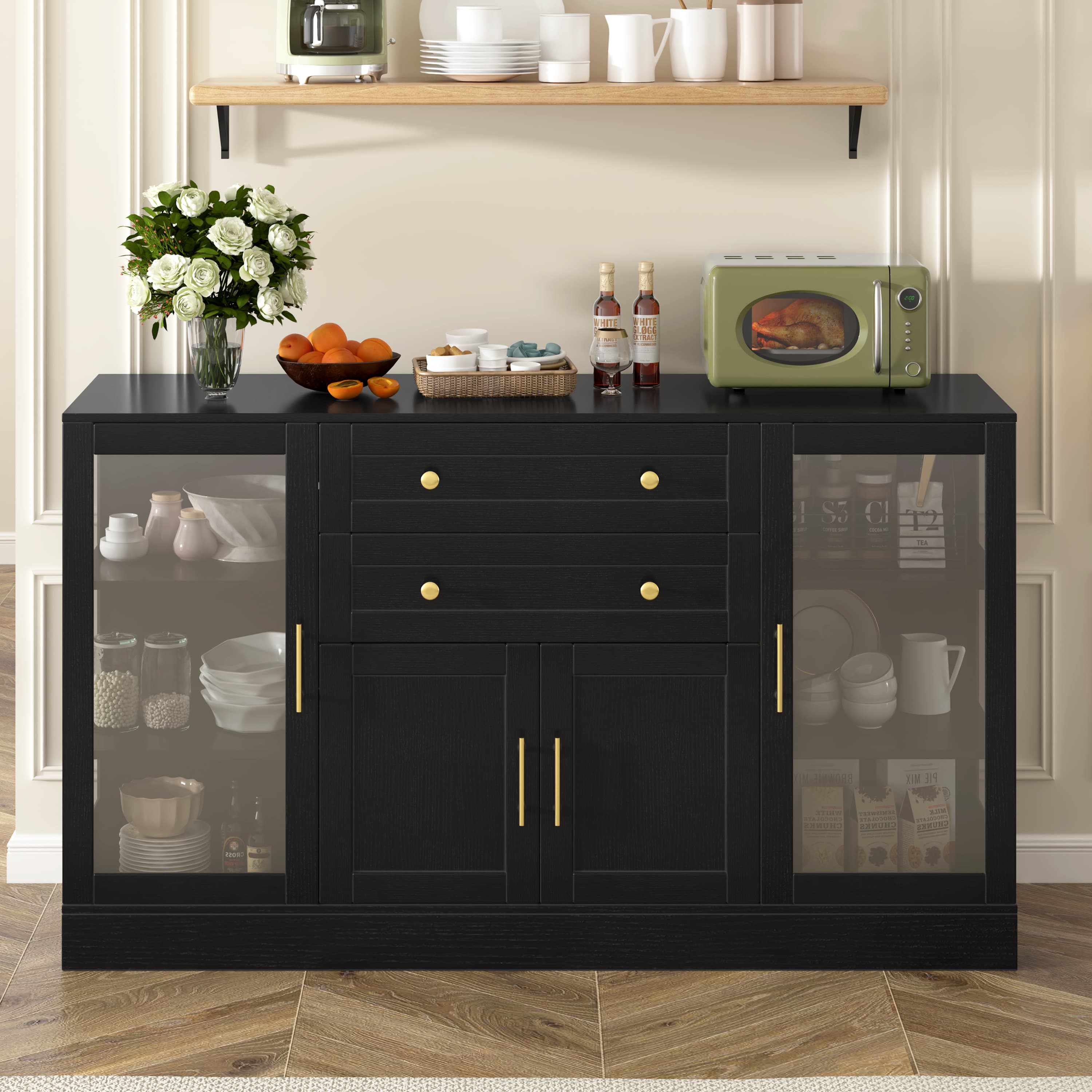U- Style 58.3 Modern Buffet Sideboard With 4 Doors & 2 Drawers Adjustable Shelves Power Outlet Acrylic Panels Aluminum Alloy Handles Storage Cabinet For Dining Room Living Room And Kitchen