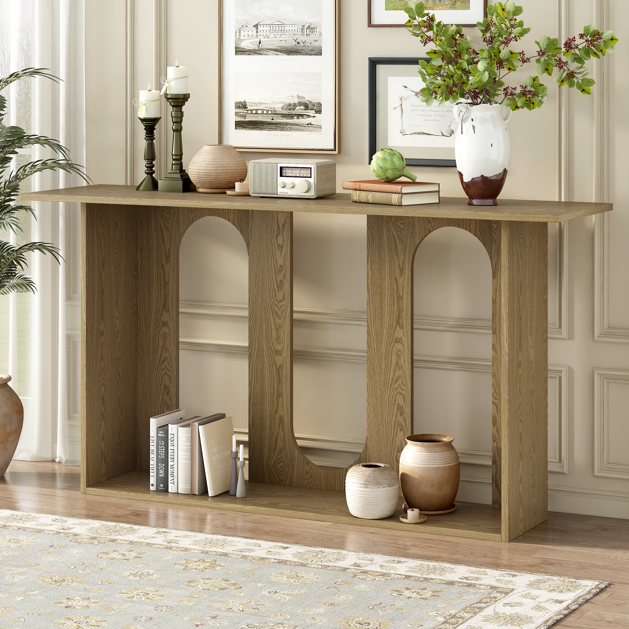 U-STYLE Modern And Curved Design Ash Veneer Console Table With Shelf Suitable For Entryway Hallway Living Room Foyer Corridor