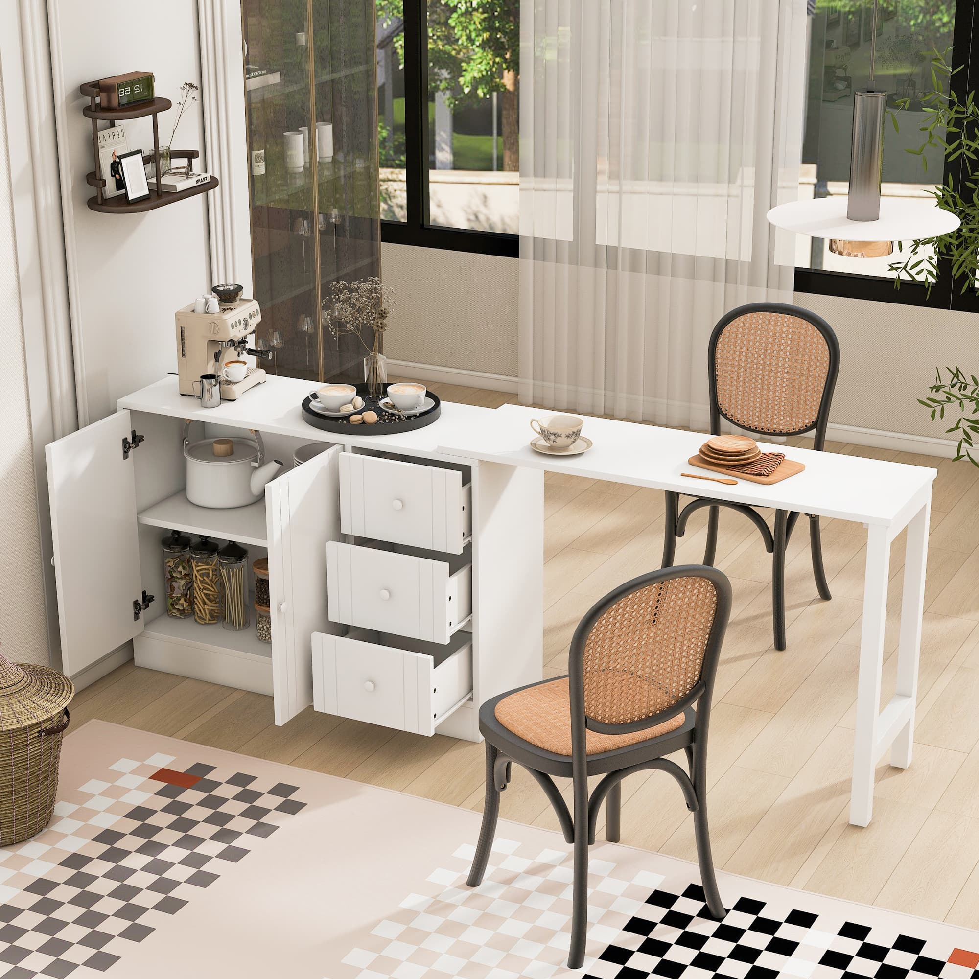 U-STYLE 89.7 Wooden Sideboard With Extendable Table Multifunctional Storage Cabinet With 2 Doors And 3 Drawers For Living Room Study Foyer And Kitchen