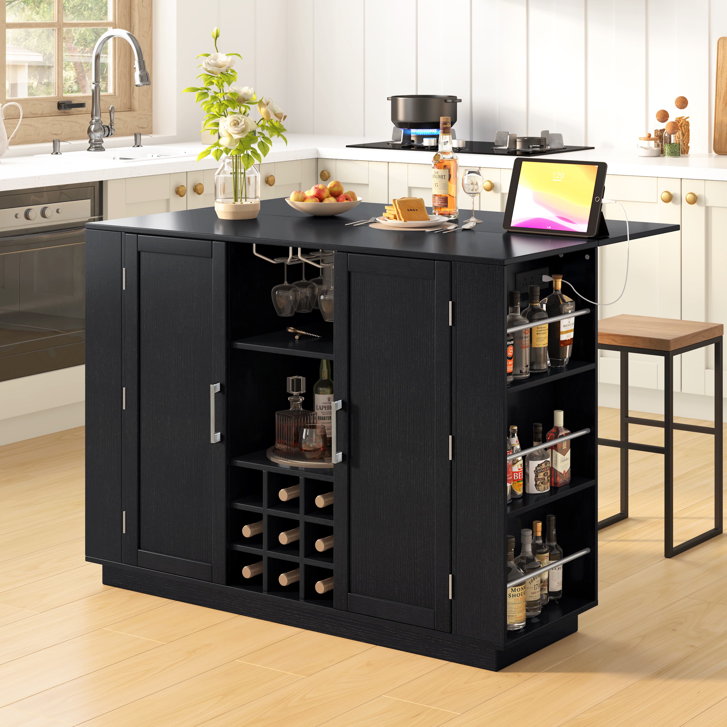 U-Style 47.2 Kitchen Island With Drop Leaf & Power Outlet Wine Bar Cabinet With Bottle Rack & Glass Holder Coffee Bar 2- Door Buffet Sideboard With Side Shelves Melamine MDF