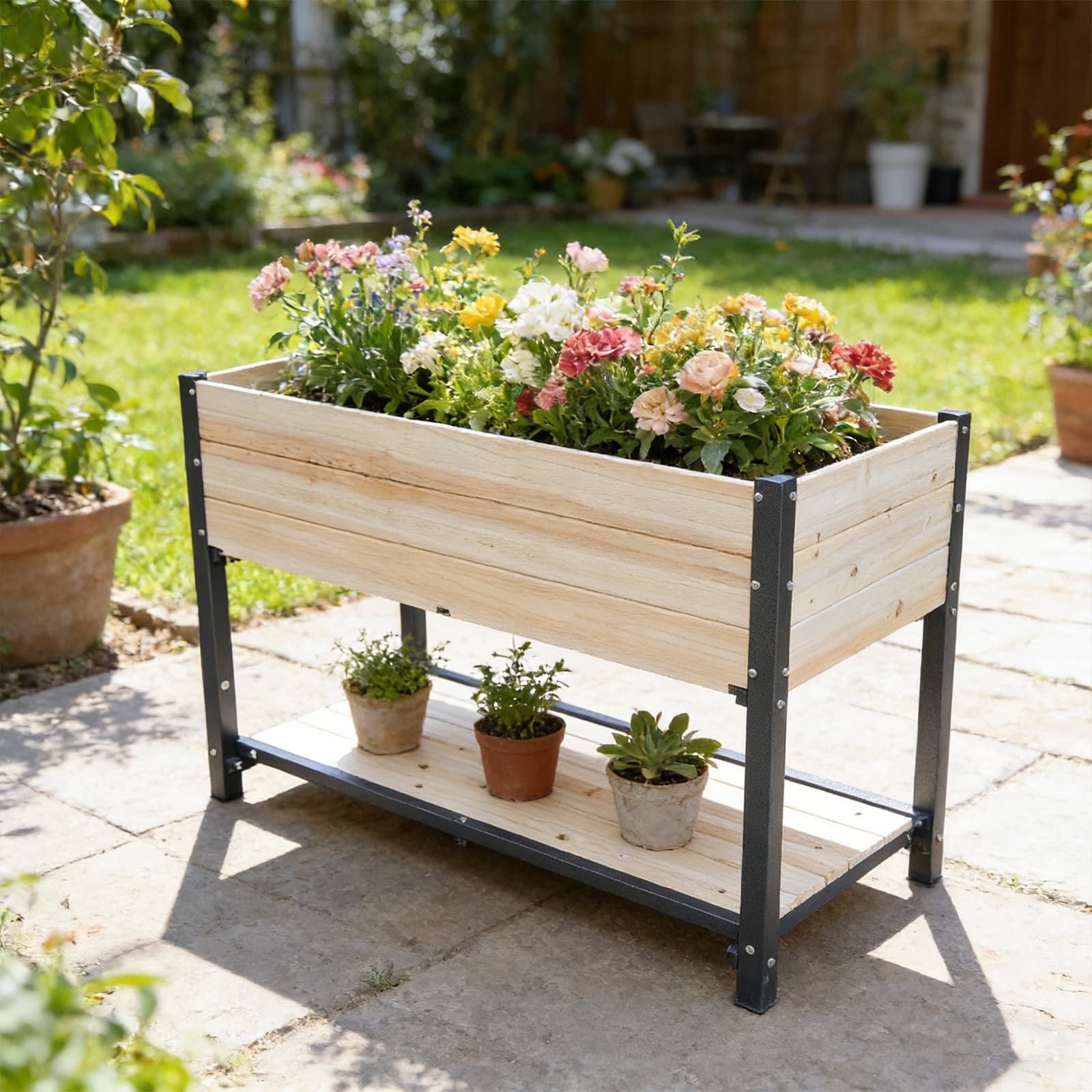 New Style Solid Wood & Iron Frame Raised Garden Bed - Reversible & Replaceable Wood Panels, No Paint Formaldehyde, DIY Planter Box For Vegetables, Fruits, Flowers