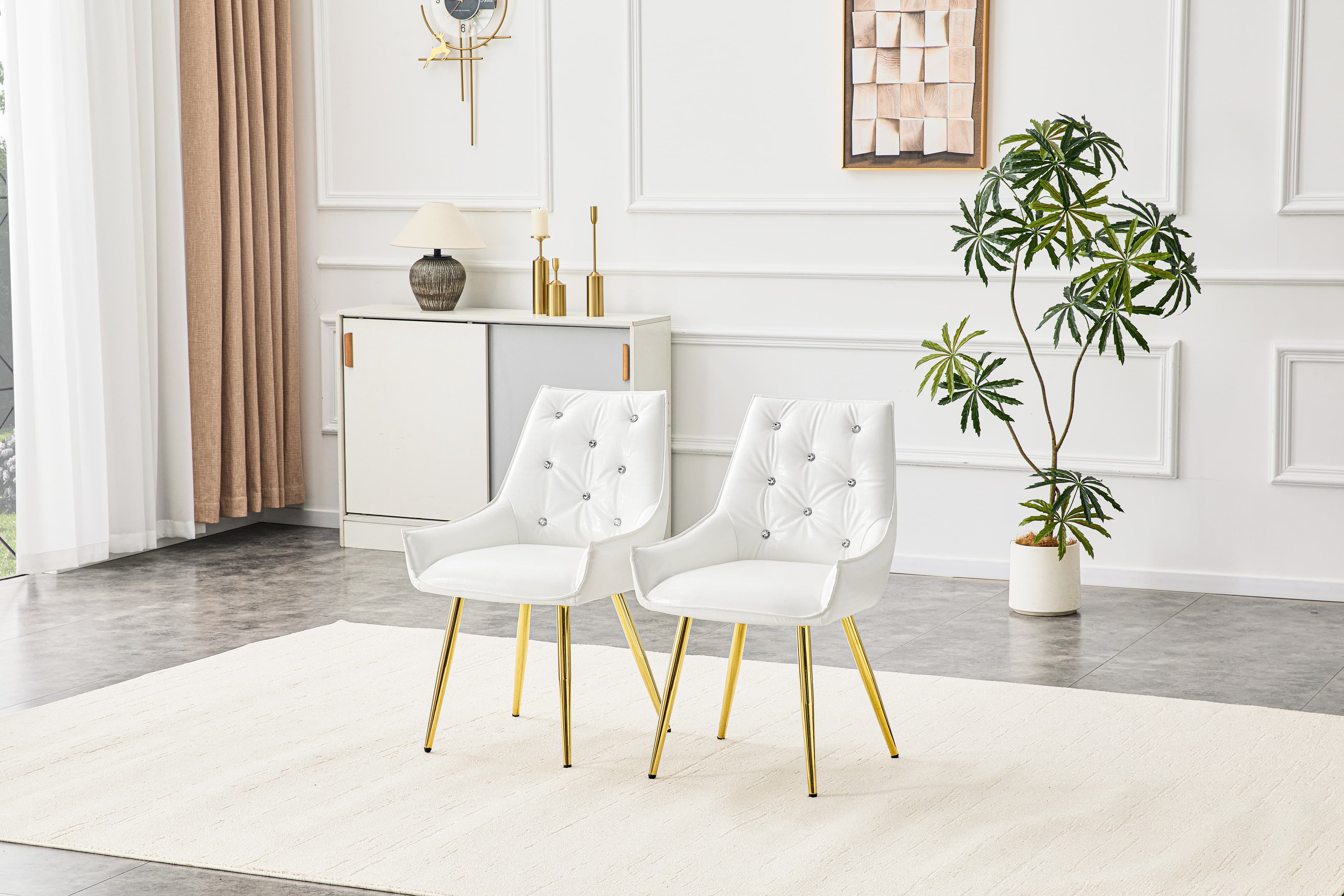 Pattern Premium PU Leather Accent Chair, Diamond Decor Backrest, Chrome Golden Metal Legs & High-Resilience Sponge Cushion Versatile For Office, Dining Room & Living Room White, Set Of 2