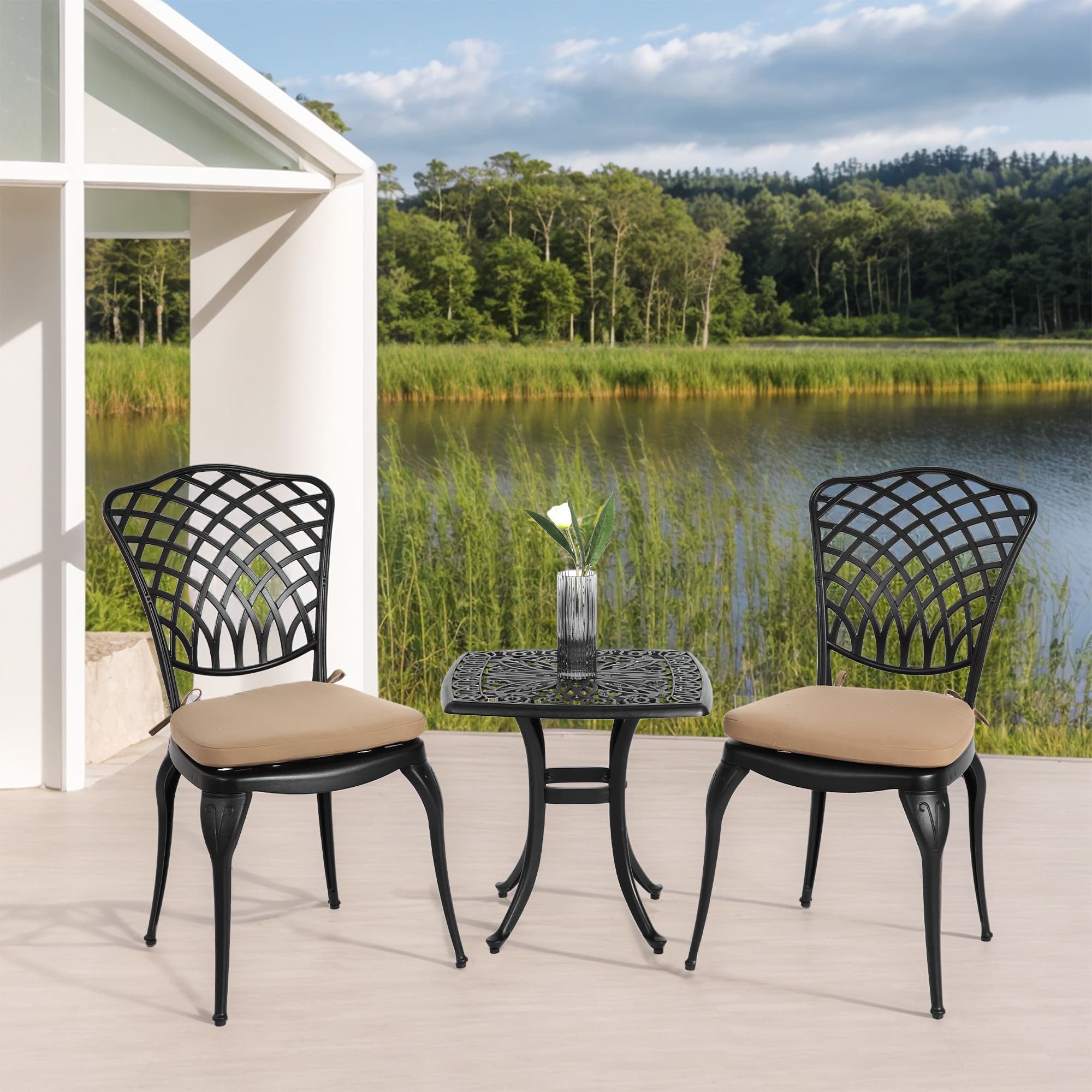 Bistro Set 3 Piece Rustproof Cast Aluminum Patio Furniture Sets 2 Chairs And 1 Round Table Outdoor, Garden, Patio, Balcony, With Cushion Black