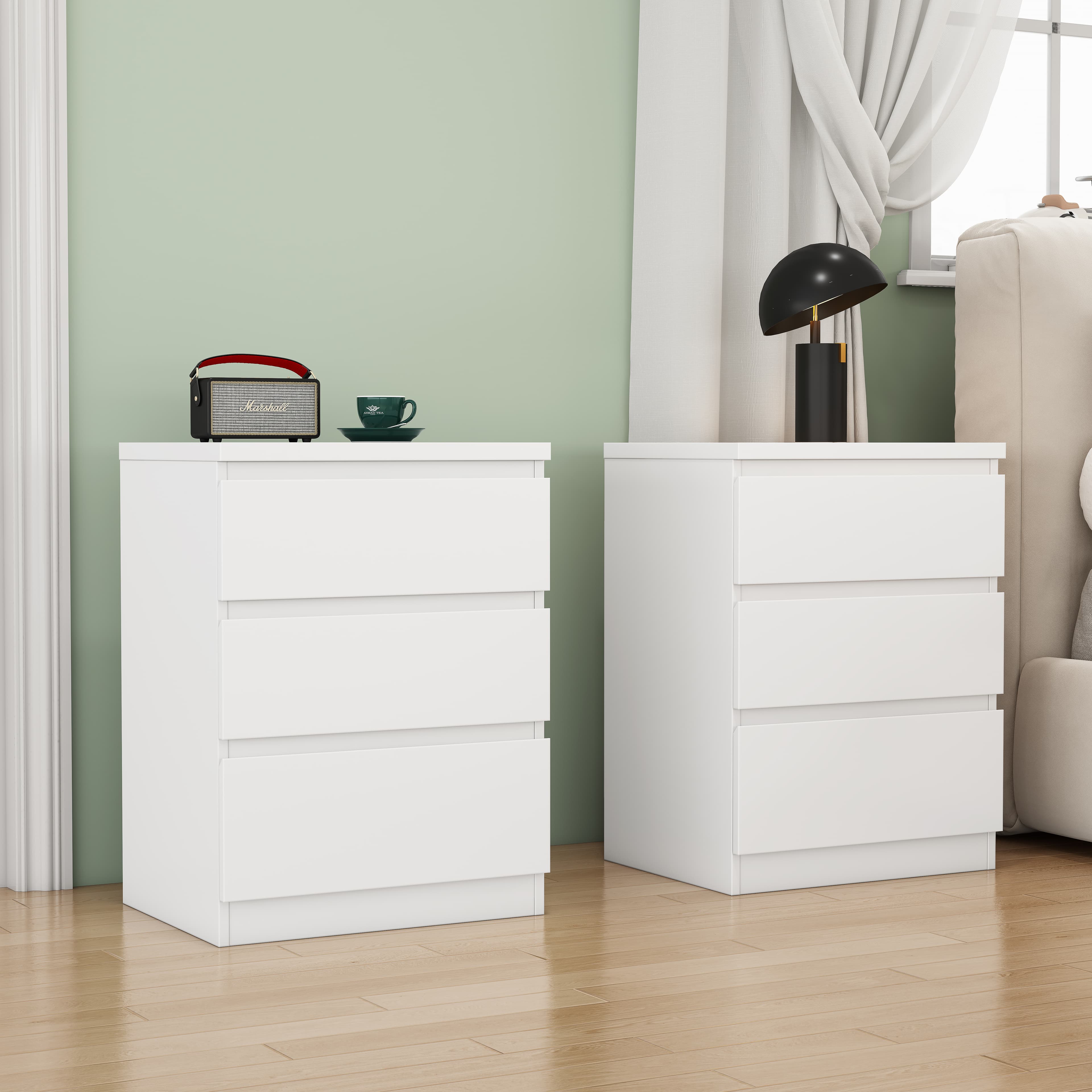 19.7-Inch White Nightstand With 3 Drawers,Set Of 2,Beside Table With Drawers Handle Free Design,Thickened Top Plate,Small Side Table Storage Cabinet 3 Drawer Night Stand For Bedroom,Living Room