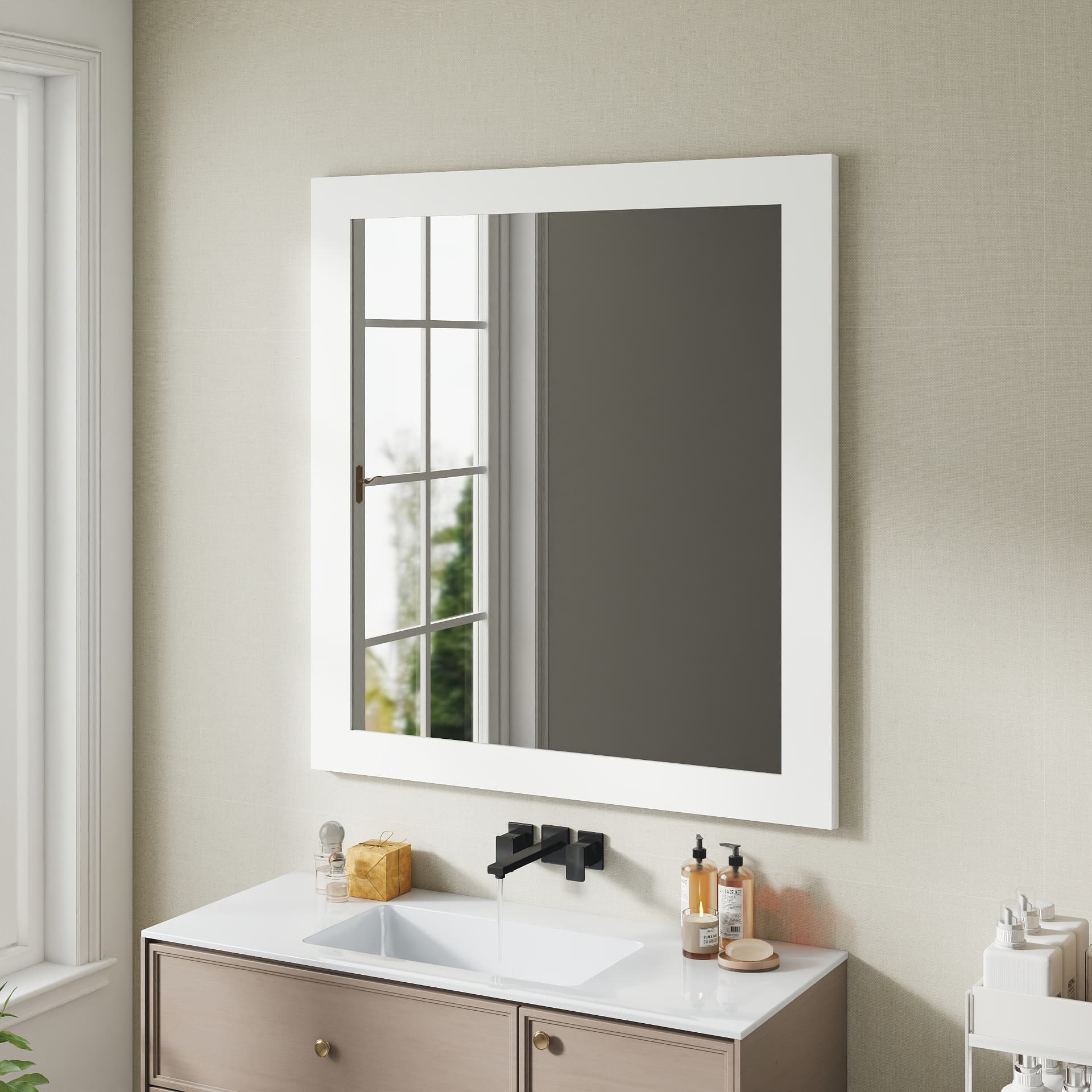 Revitalize Your Bathroom With This Exquisite 32-inch Square Matte White Mirror