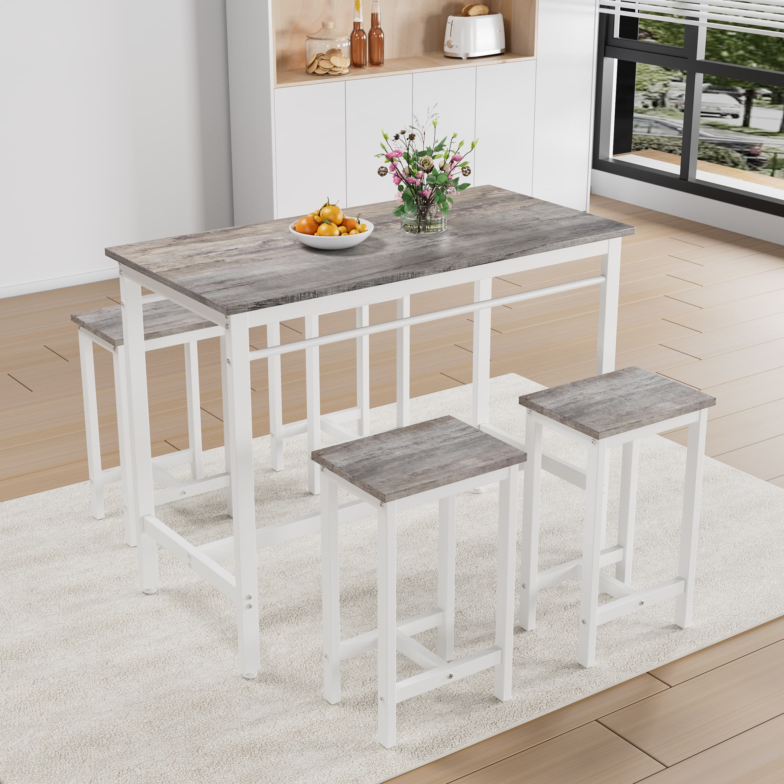 5-piece Modern Kitchen Table With Four Bar Stools Bar Table Set 5PC,metal Frame And MDF, White Oak,47.5 L X 23.7 W X 35.5 H.