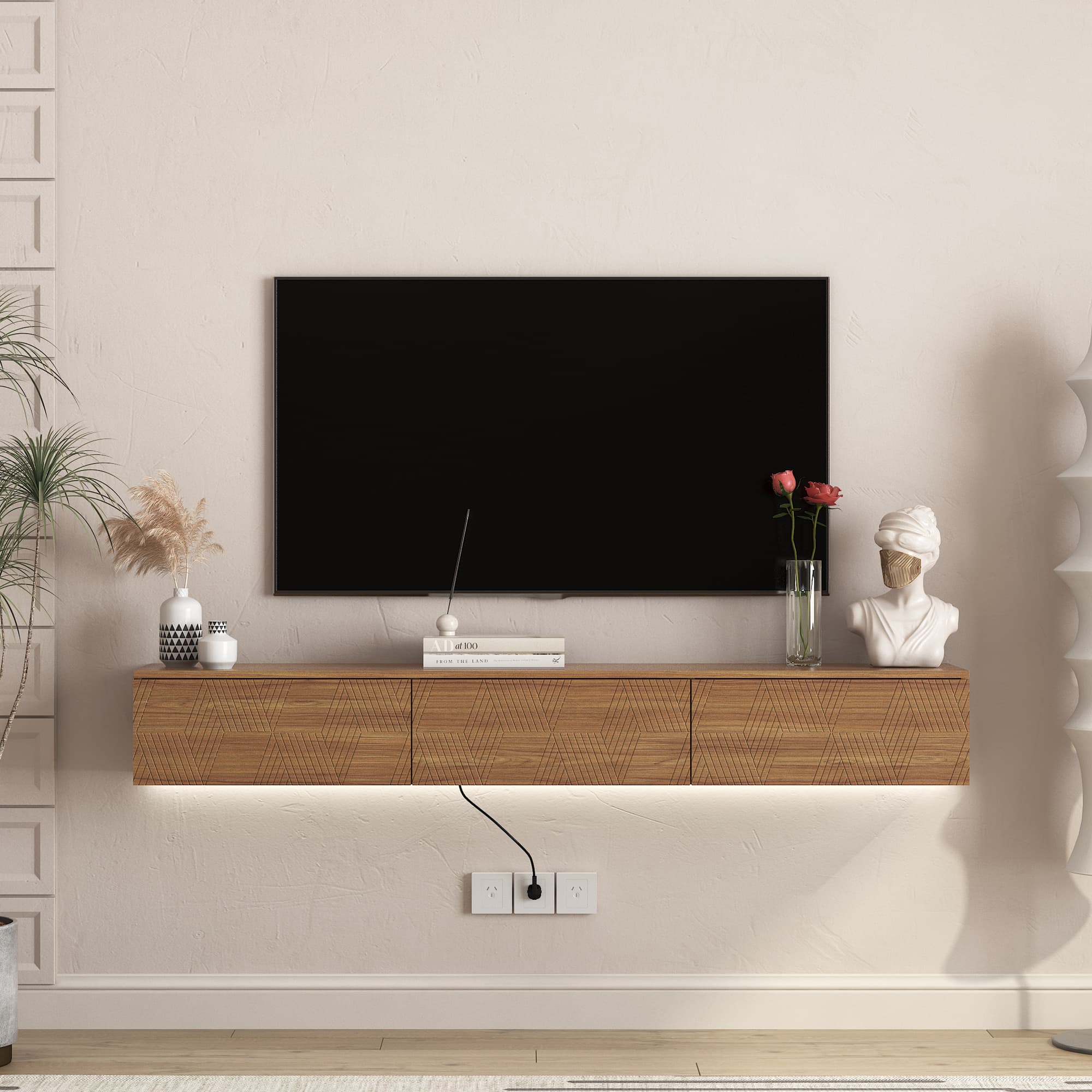 Floating TV Stand Wall Mounted With 16 Color LEDs,67 Modern TV Stand, Floating TV Cabinet Entertainment Center For 55 60 65 Inch TV
