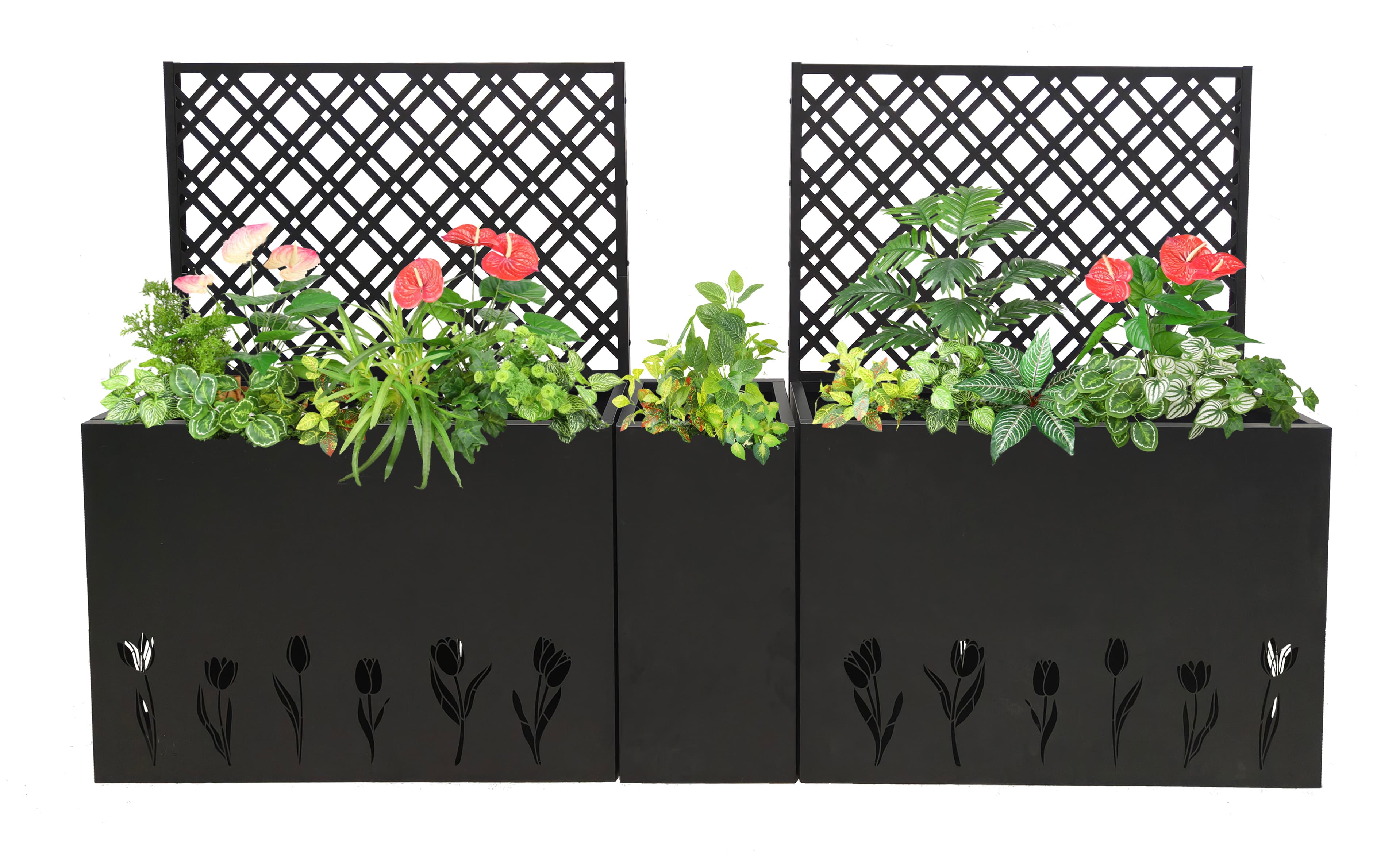 Metal Planter-Trellis Combo Set Of 3 - Raised Garden Bed, Flower Trellis & Privacy Screen For Patio, Balcony, Garden, Rust-Resistant Planter Box With Drainage Holes, 23.6in Depth Planting Bed, Tulip