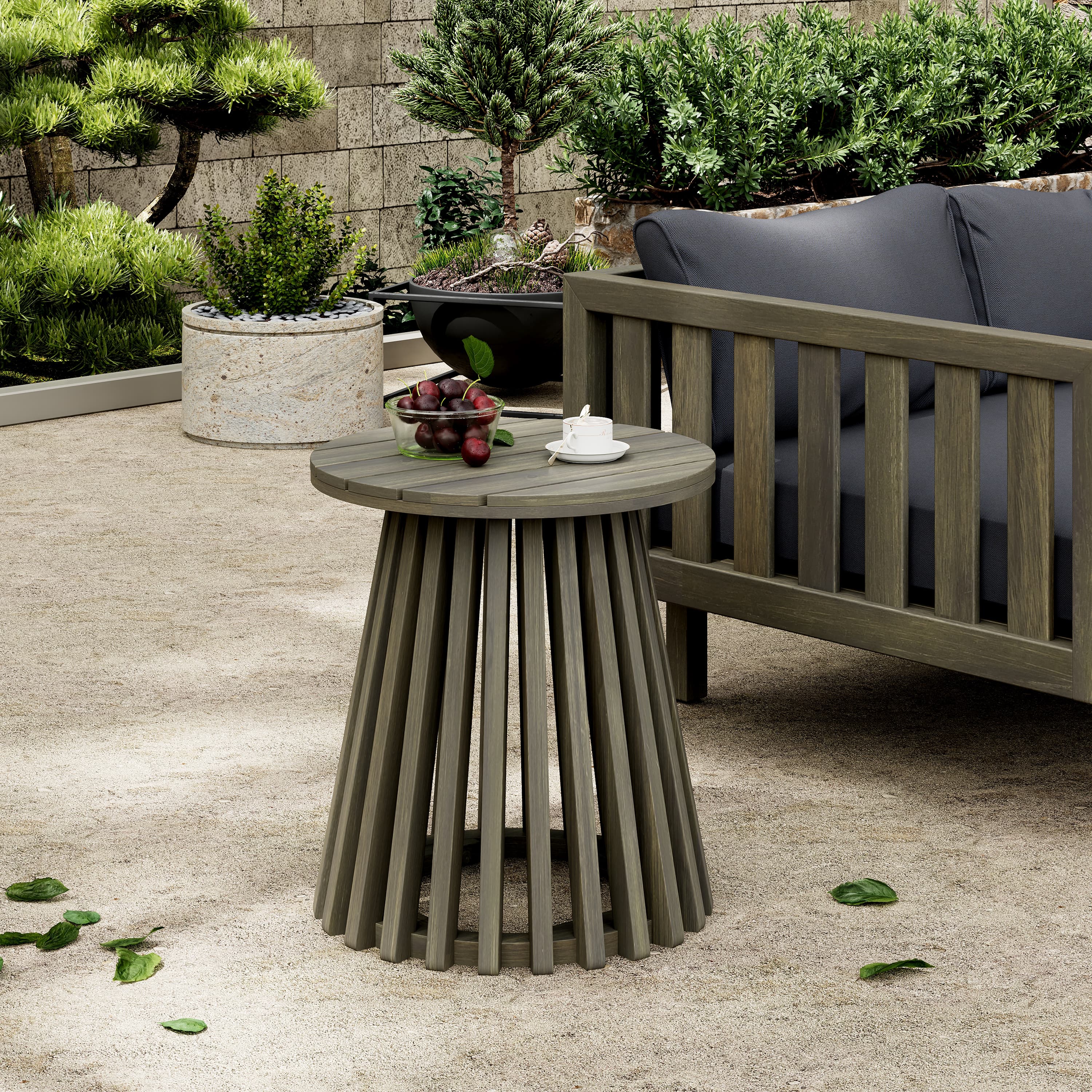 Outdoor Acacia Wood Patio Side Table, Round Coffee Table For Backyard, Lawn, Balcony,Grey Finish